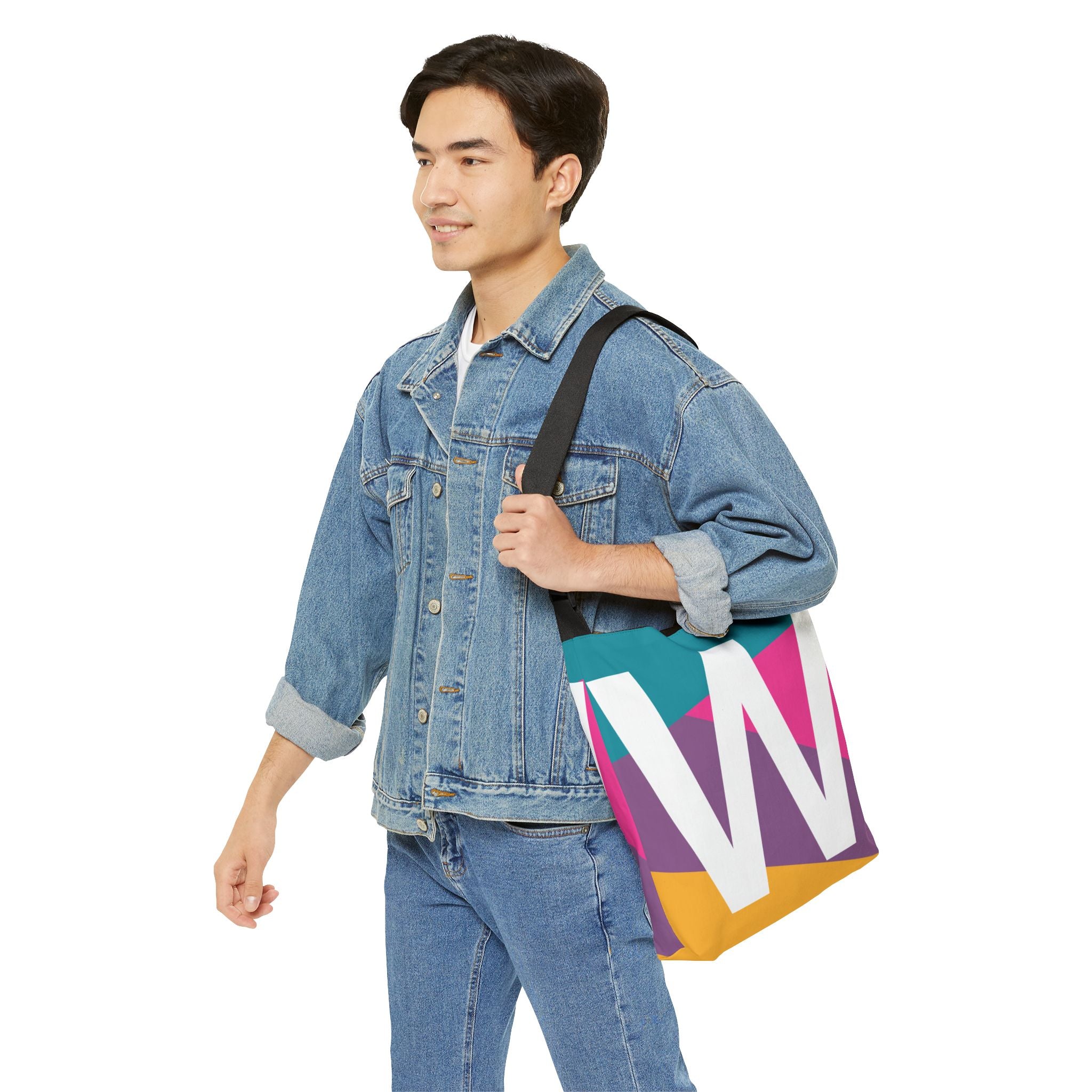 Initial Letter 'W' Colorblock Adjustable Tote Bag — Monogram Alphabet Shoulder Bag
