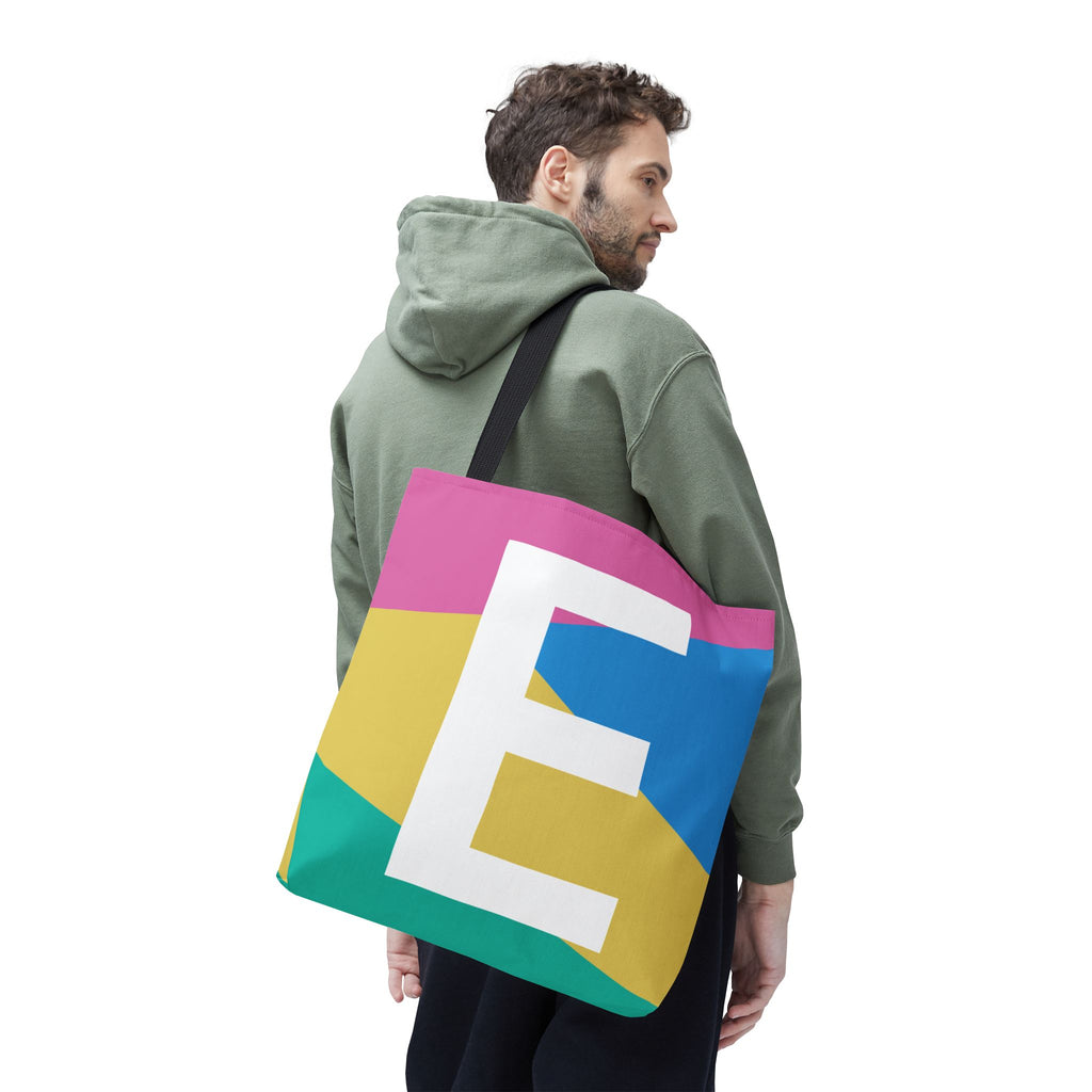 Monogram 'E' Colorblock Tote Bag — Personalized Initial E Shoulder Tote