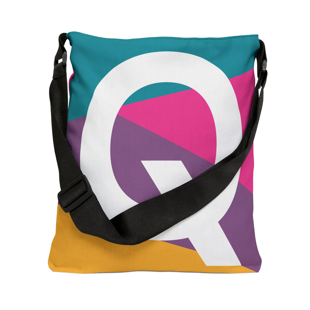 Initial Letter 'Q' Colorblock Adjustable Tote Bag — Monogram Alphabet Shoulder Bag