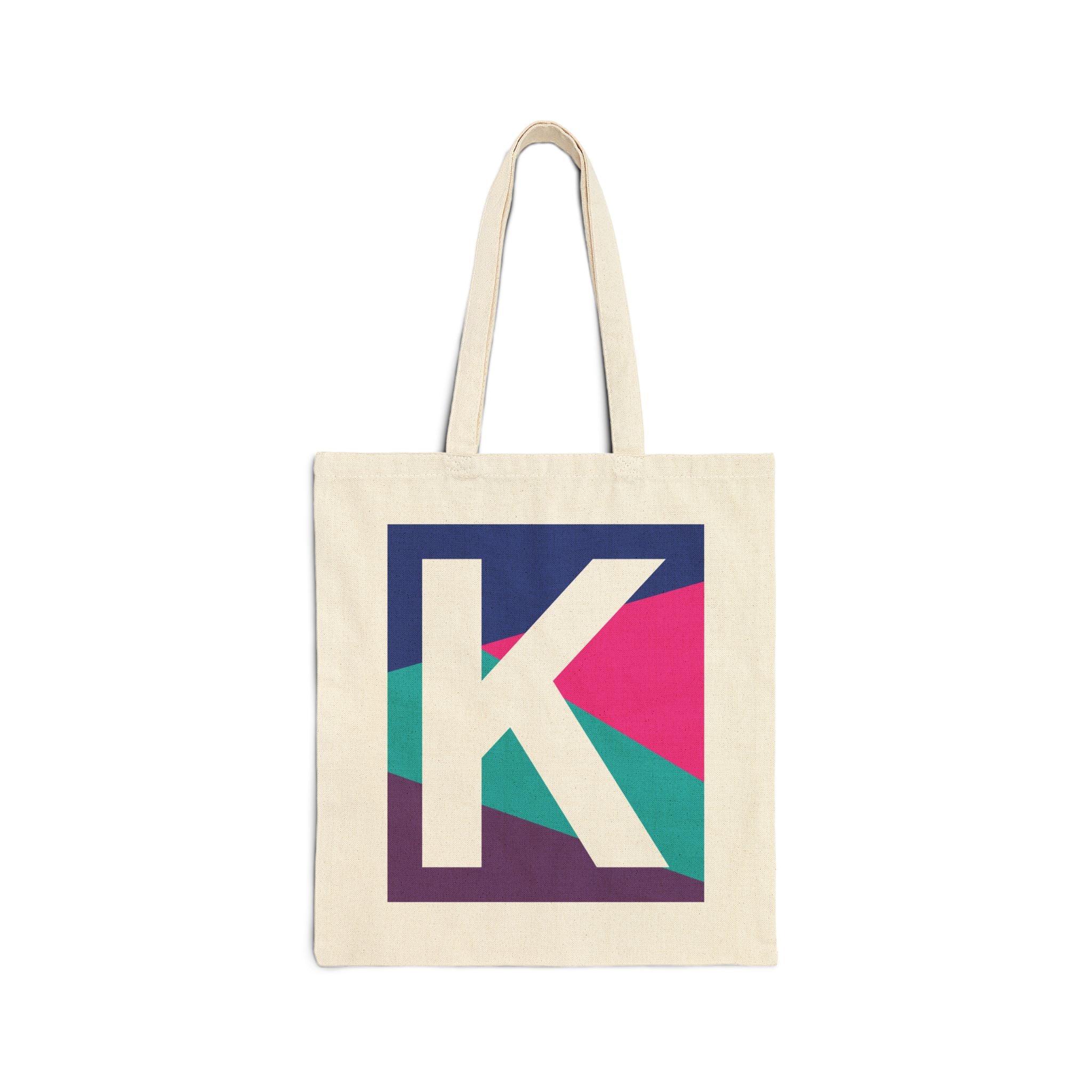 Initial K Colorblock Canvas Tote Bag — Monogram Letter K Reusable Grocery Tote