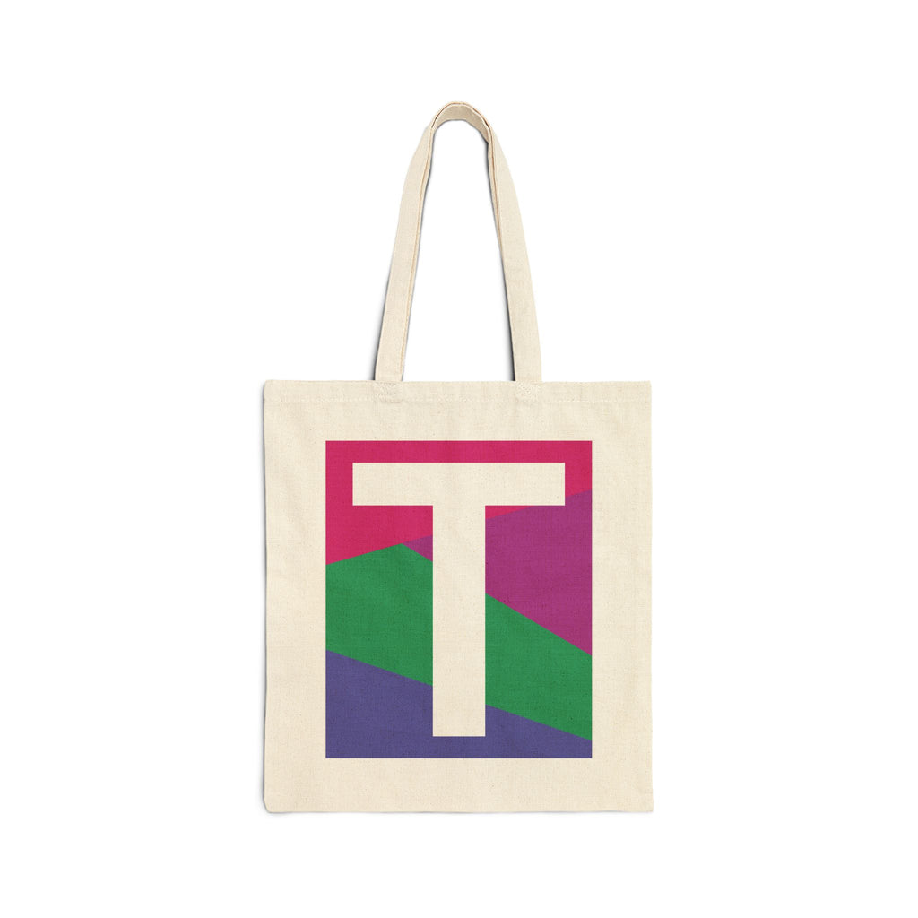 Initial T Colorblock Canvas Tote Bag — Monogram Letter T Reusable Grocery Tote