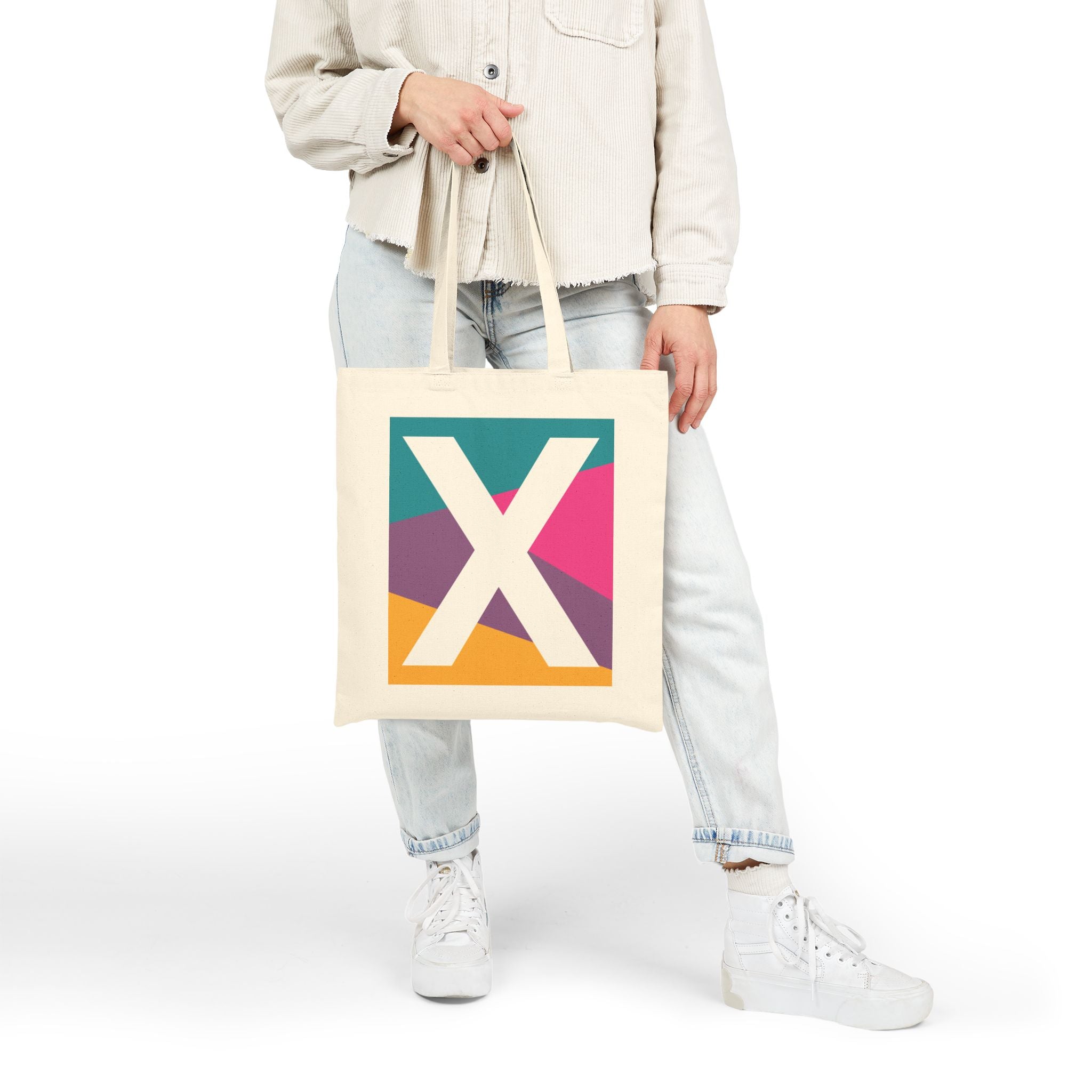 Initial X Colorblock Canvas Tote Bag — Monogram Letter X Reusable Grocery Tote