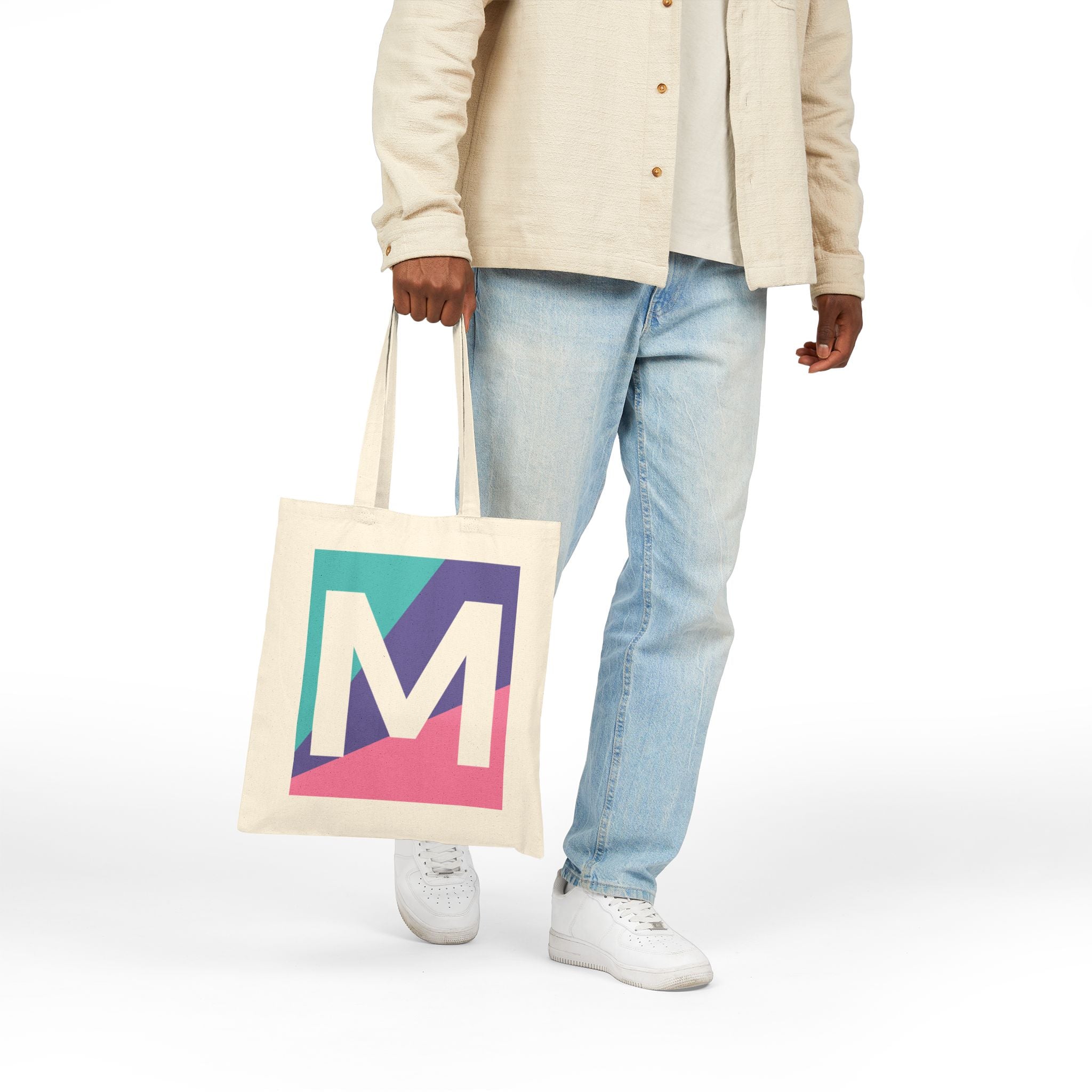 Initial M Colorblock Canvas Tote Bag — Monogram Letter M Reusable Grocery Tote
