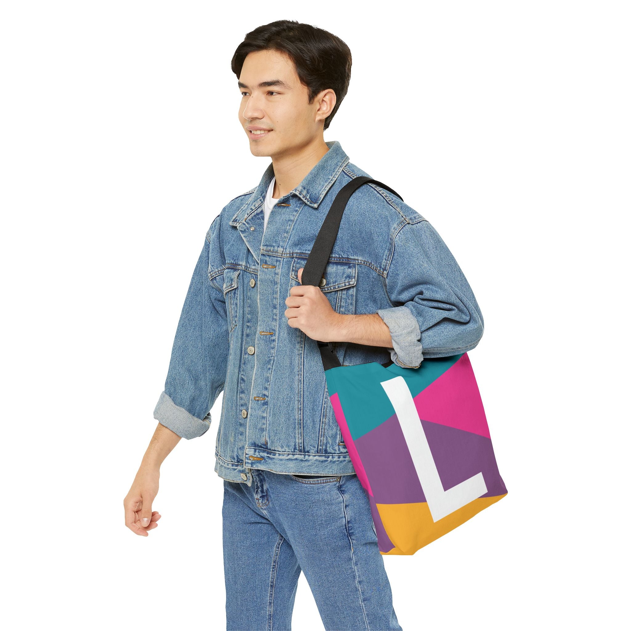 Initial Letter 'L' Colorblock Adjustable Tote Bag — Monogram Alphabet Shoulder Bag