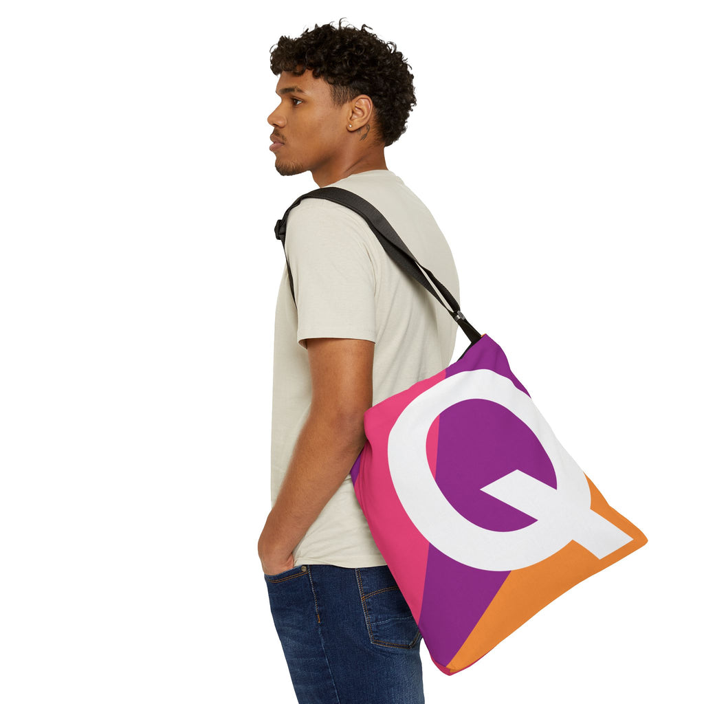 Initial Letter 'Q' Colorblock Adjustable Tote Bag — Monogram Alphabet Shoulder Bag
