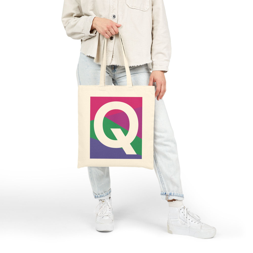 Initial Q Colorblock Canvas Tote Bag — Monogram Letter Q Reusable Grocery Tote