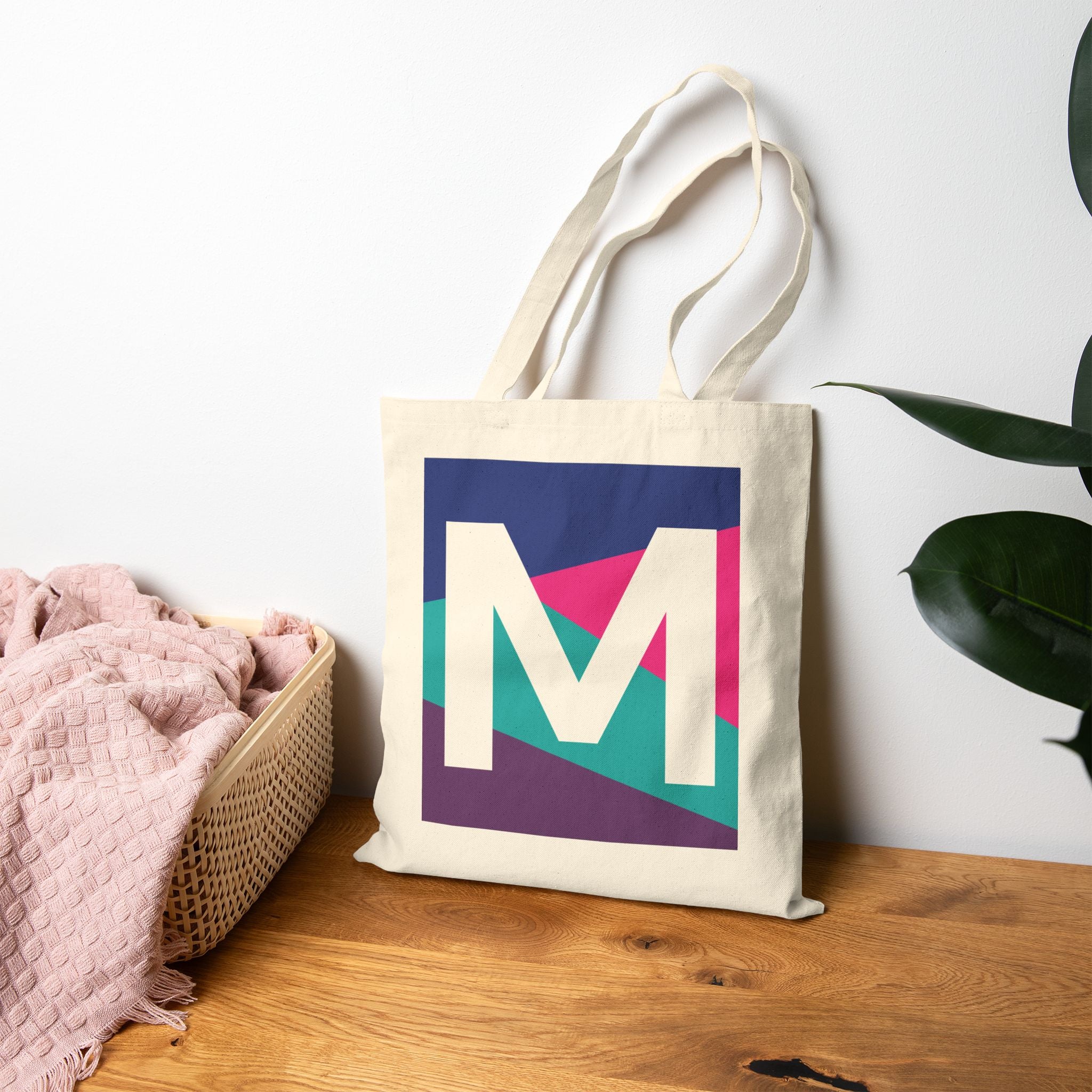 Initial M Colorblock Canvas Tote Bag — Monogram Letter M Reusable Grocery Tote