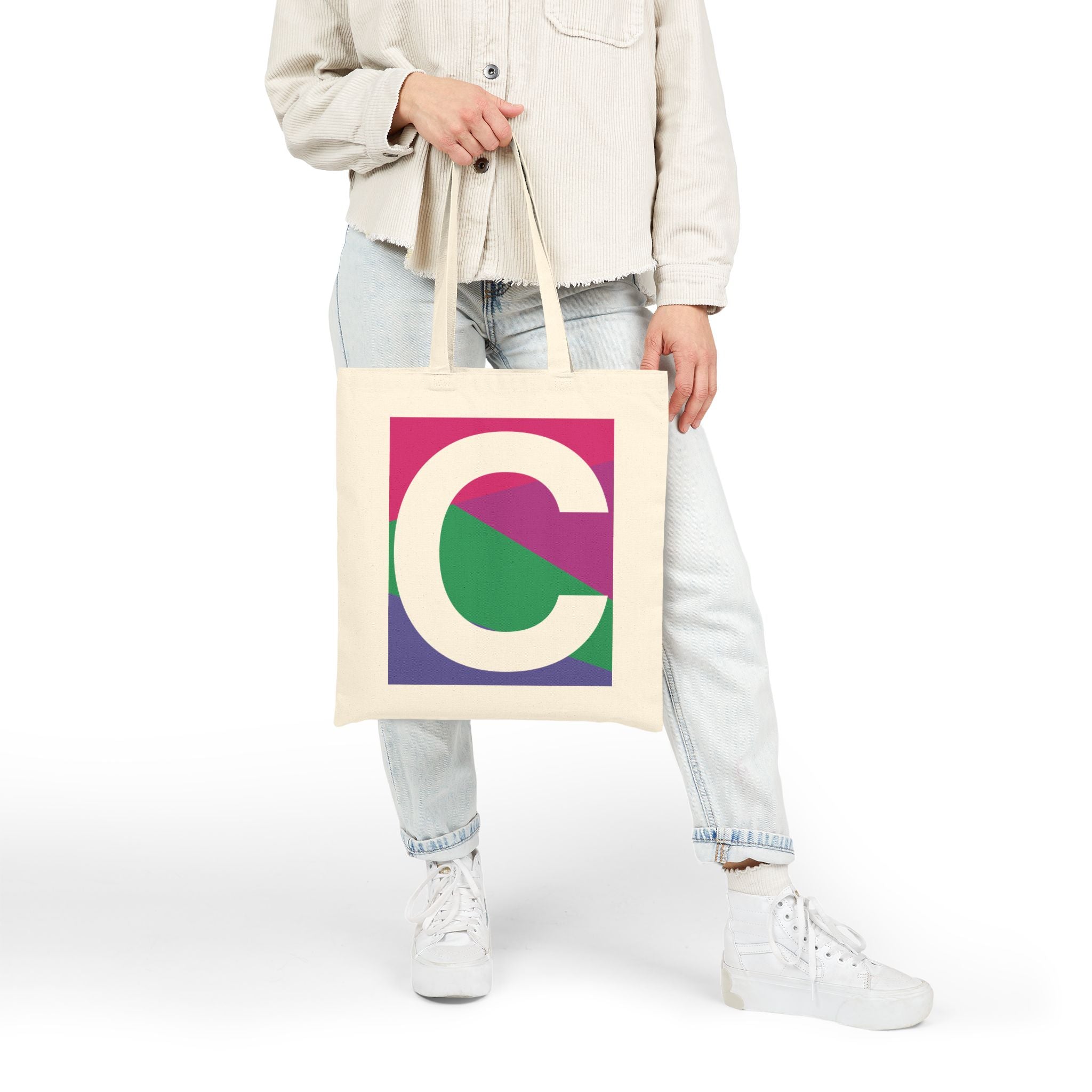 Initial C Colorblock Canvas Tote Bag — Monogram Letter C Reusable Grocery Tote