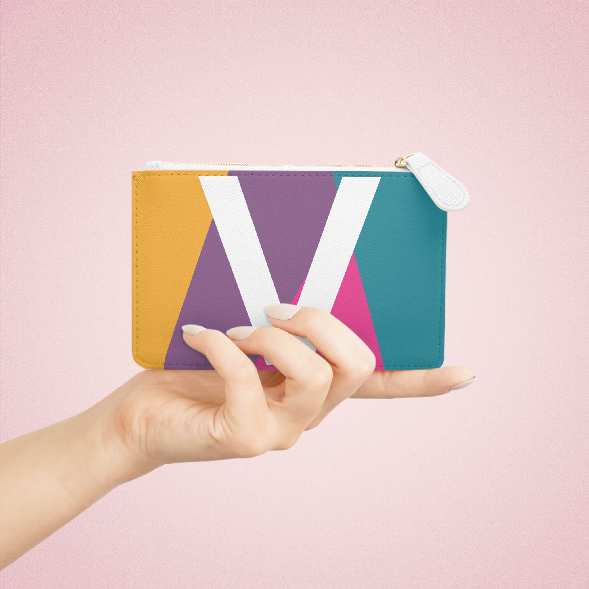 Initial V Mini Clutch — Colorblock Monogram Wristlet Wallet