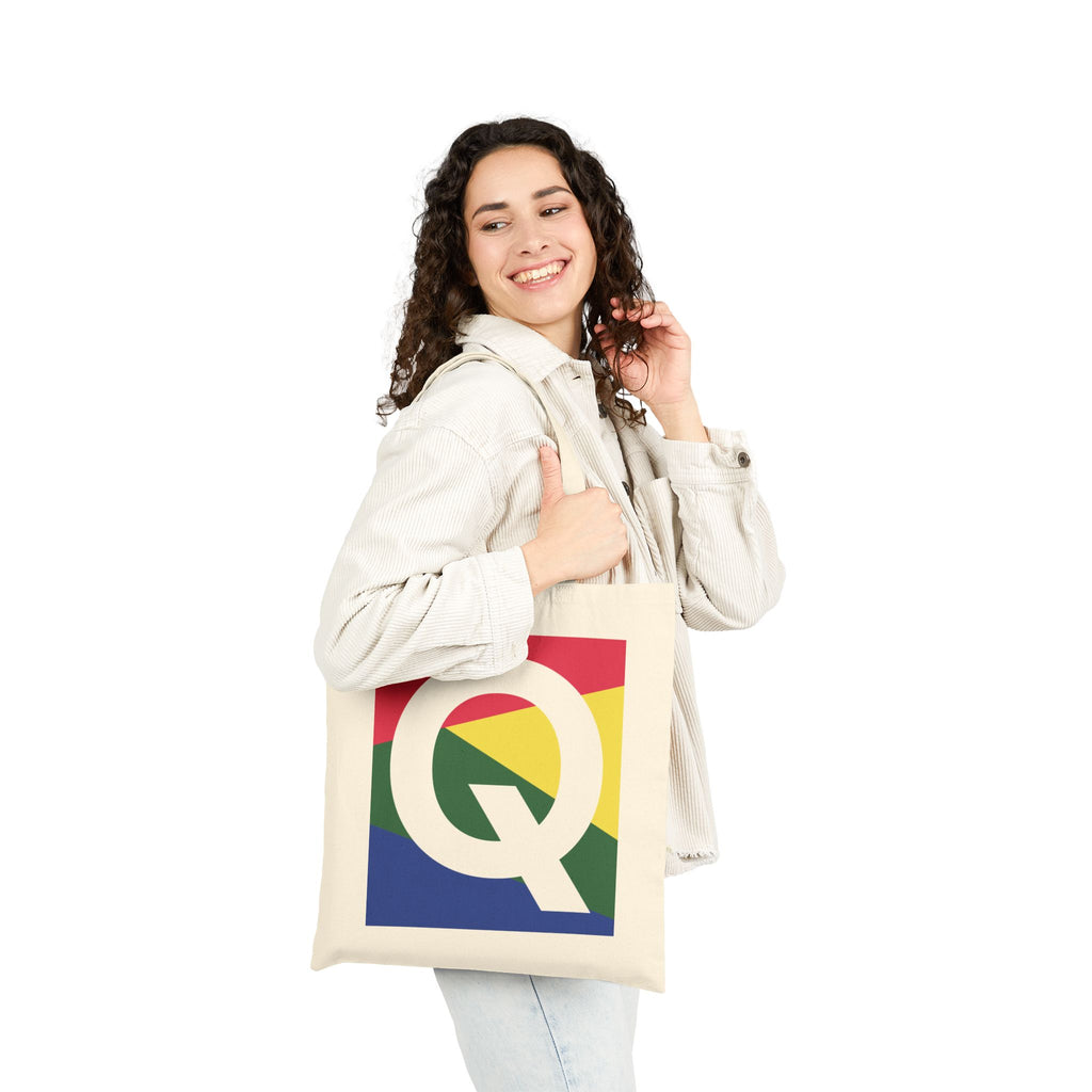 Initial Q Colorblock Canvas Tote Bag — Monogram Letter Q Reusable Grocery Tote