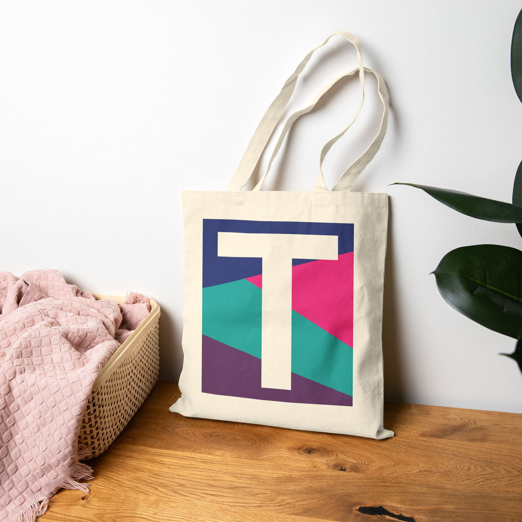 Initial T Colorblock Canvas Tote Bag — Monogram Letter T Reusable Grocery Tote