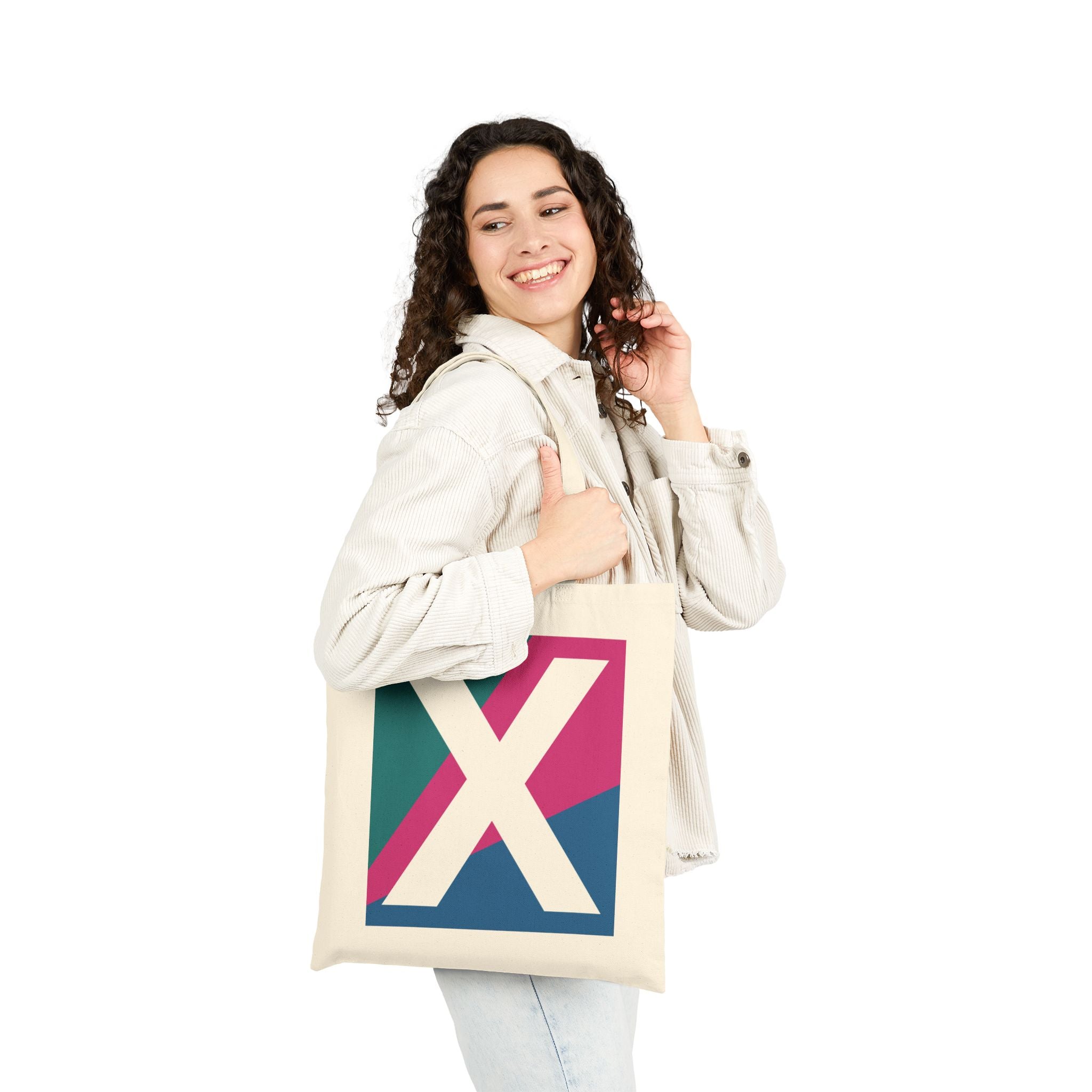 Initial X Colorblock Canvas Tote Bag — Monogram Letter X Reusable Grocery Tote