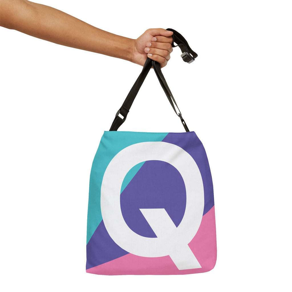 Initial Letter 'Q' Colorblock Adjustable Tote Bag — Monogram Alphabet Shoulder Bag