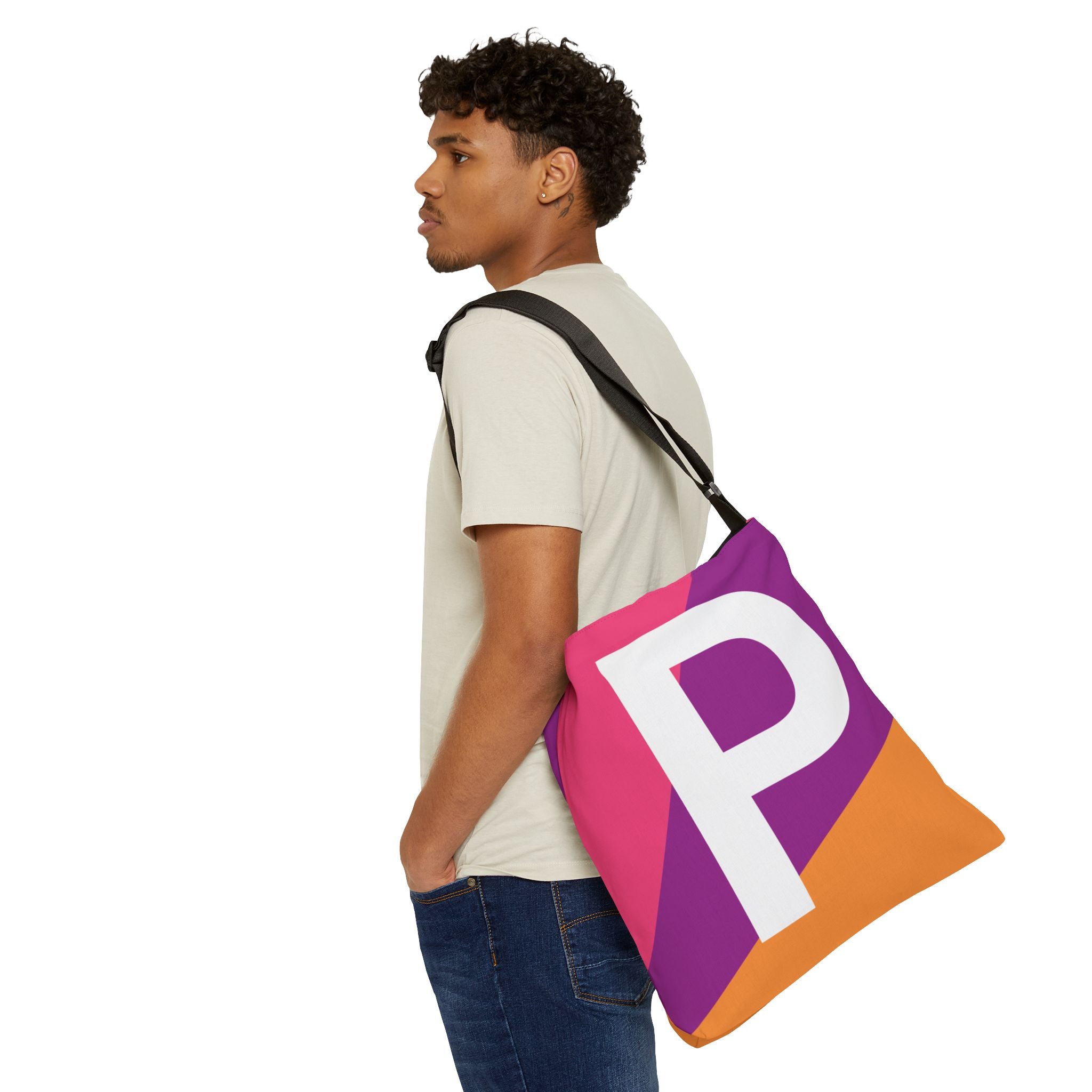 Initial Letter 'P' Colorblock Adjustable Tote Bag — Monogram Alphabet Shoulder Bag