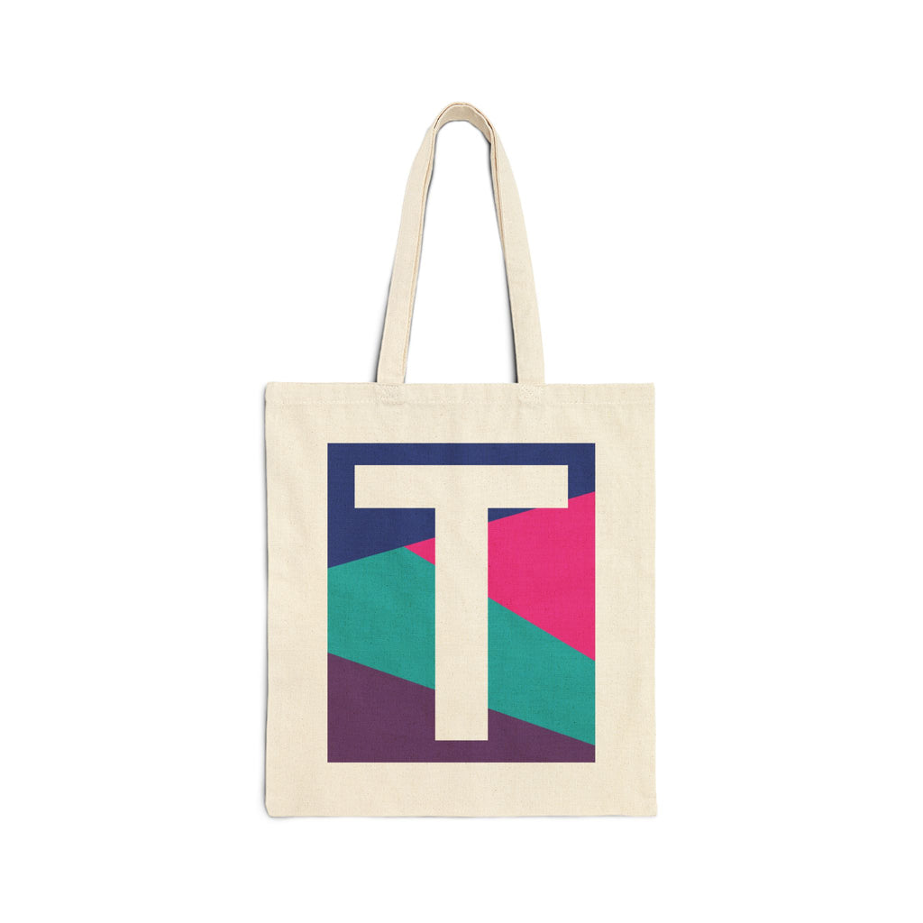 Initial T Colorblock Canvas Tote Bag — Monogram Letter T Reusable Grocery Tote