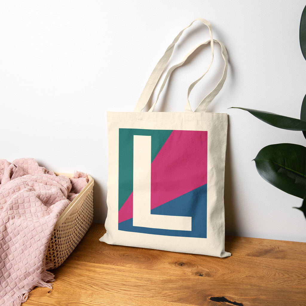 Initial L Colorblock Canvas Tote Bag — Monogram Letter L Reusable Grocery Tote
