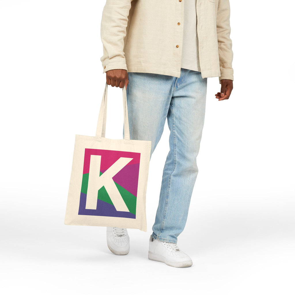 Initial K Colorblock Canvas Tote Bag — Monogram Letter K Reusable Grocery Tote