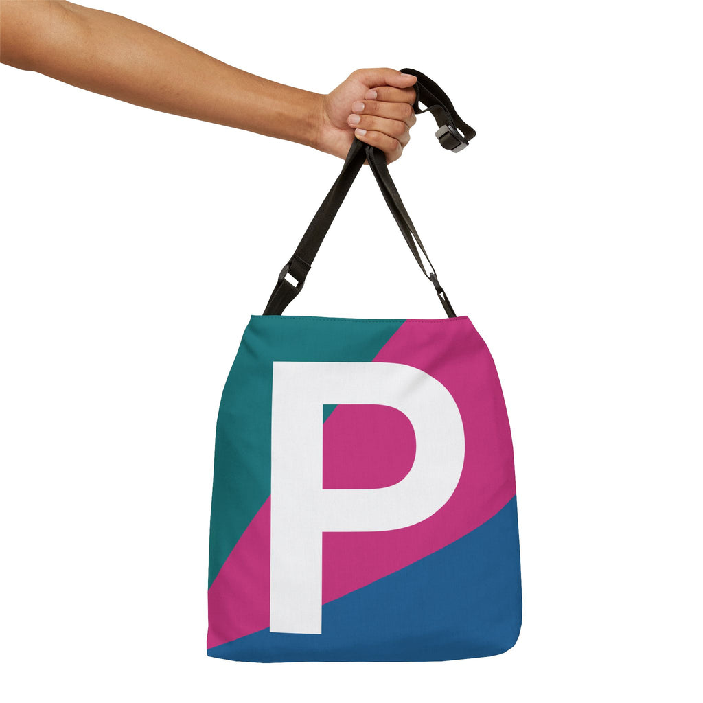 Initial Letter 'P' Colorblock Adjustable Tote Bag — Monogram Alphabet Shoulder Bag