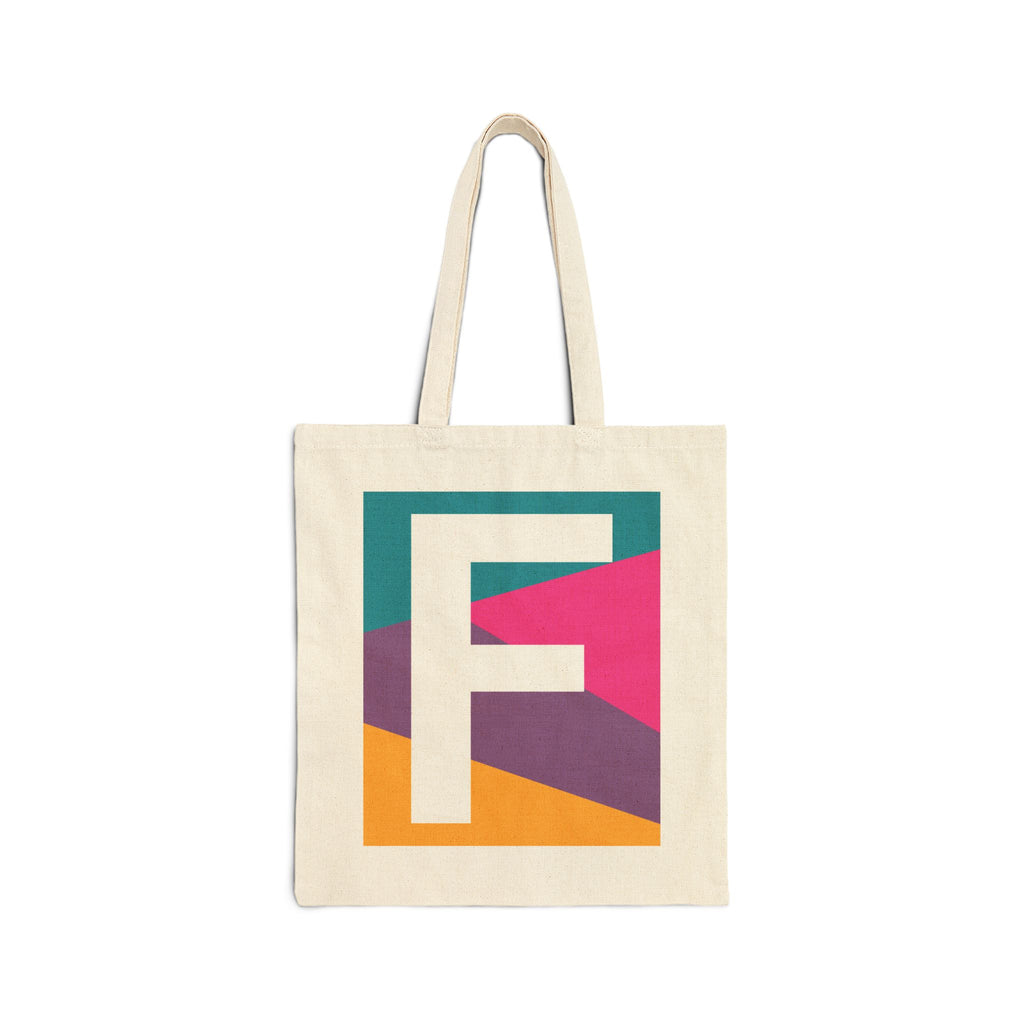 Initial F Colorblock Canvas Tote Bag — Monogram Letter F Reusable Grocery Tote