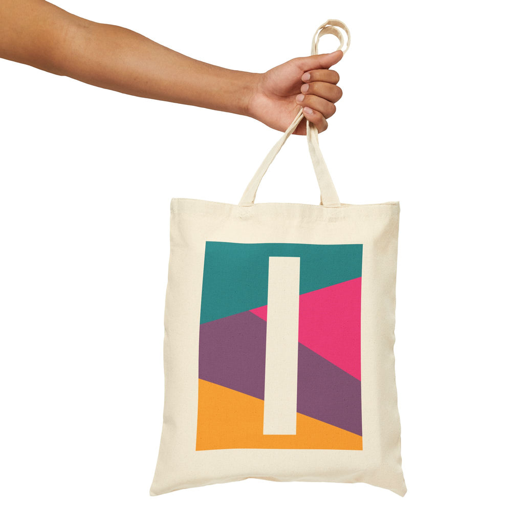 Initial I Colorblock Canvas Tote Bag — Monogram Letter I Reusable Grocery Tote