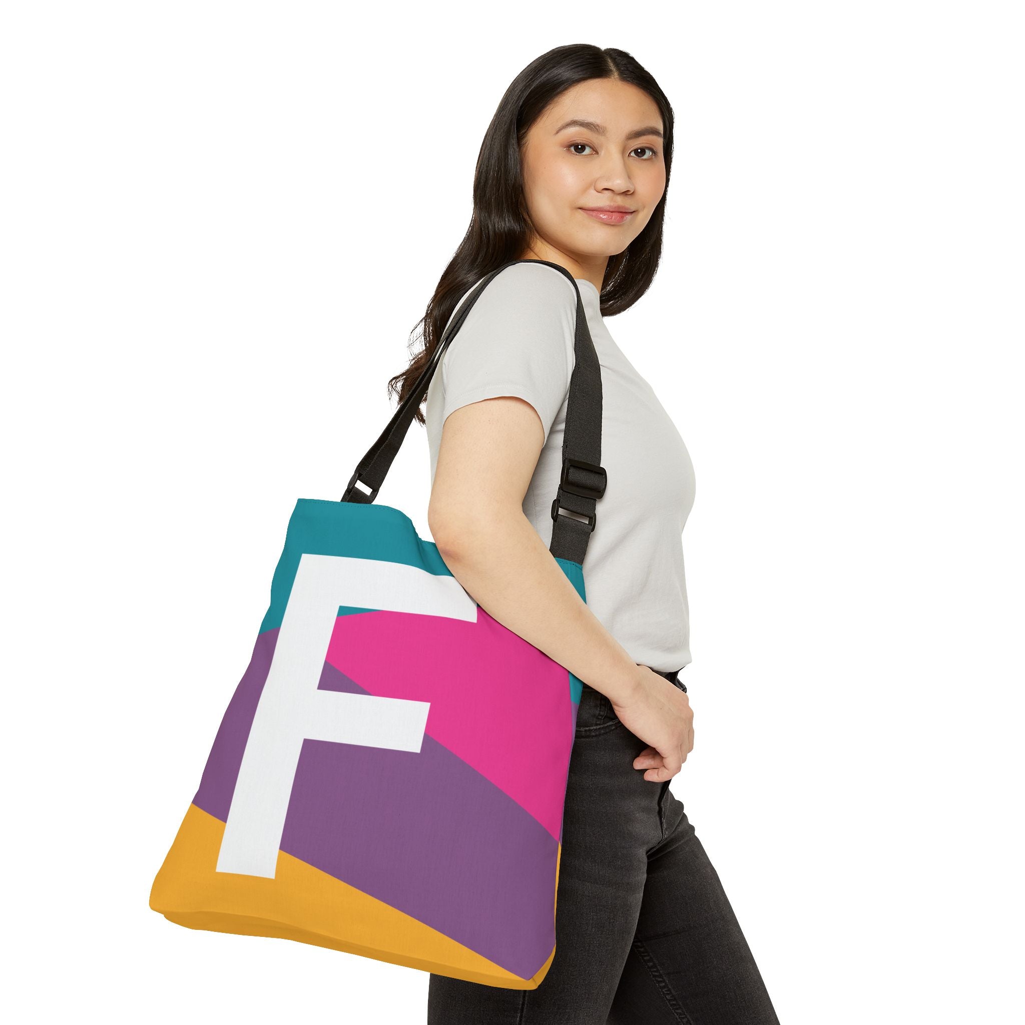Initial Letter 'F' Colorblock Adjustable Tote Bag — Monogram Alphabet Shoulder Bag