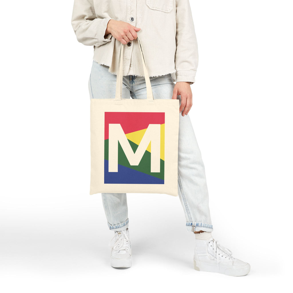 Initial M Colorblock Canvas Tote Bag — Monogram Letter M Reusable Grocery Tote