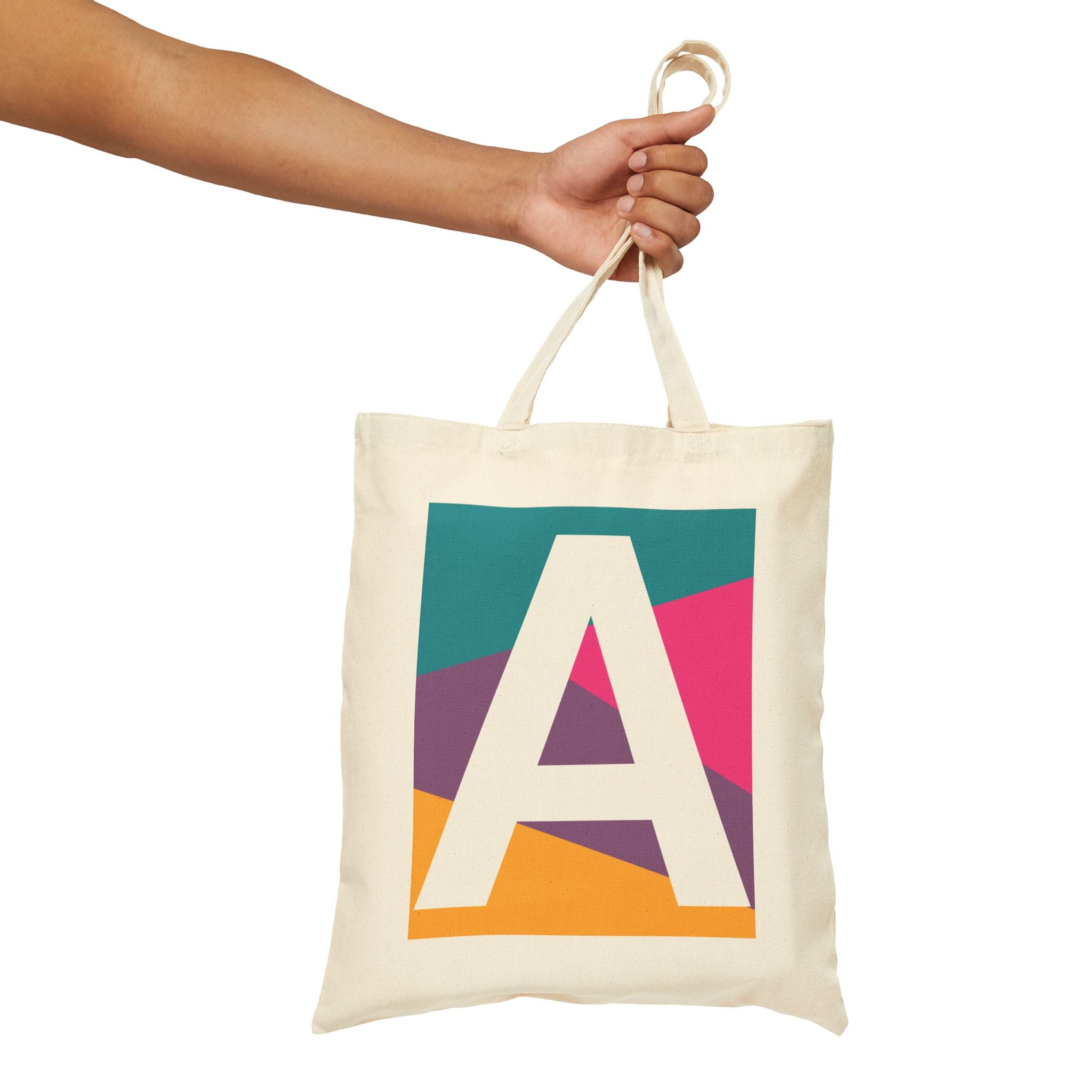 Initial A Colorblock Canvas Tote Bag — Monogram Letter A Reusable Grocery Tote