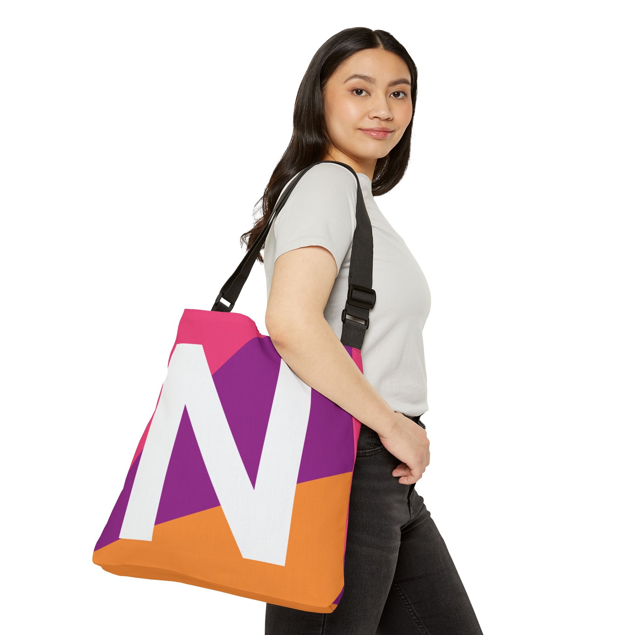 Initial Letter 'N' Colorblock Adjustable Tote Bag — Monogram Alphabet Shoulder Bag