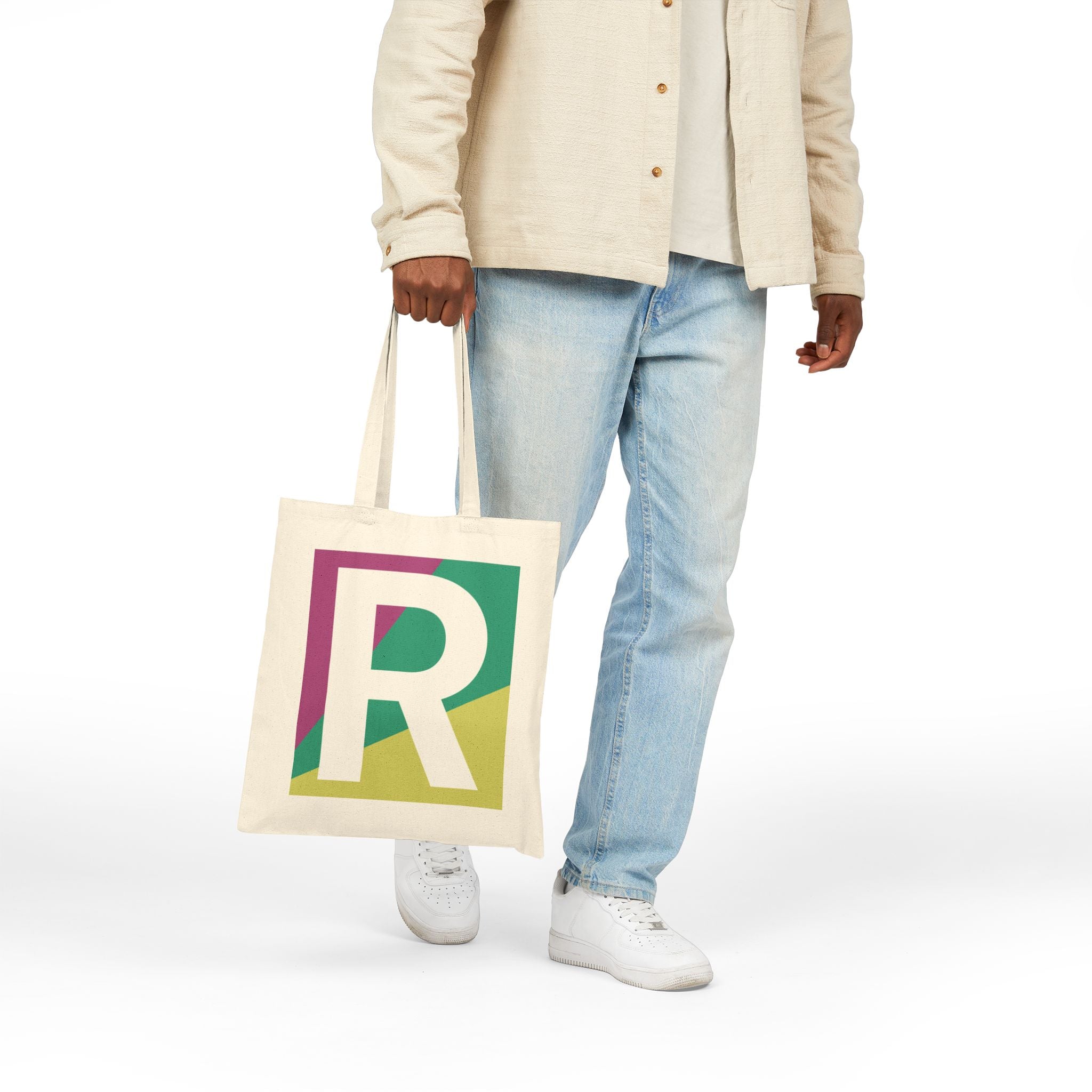 Initial R Colorblock Canvas Tote Bag — Monogram Letter R Reusable Grocery Tote