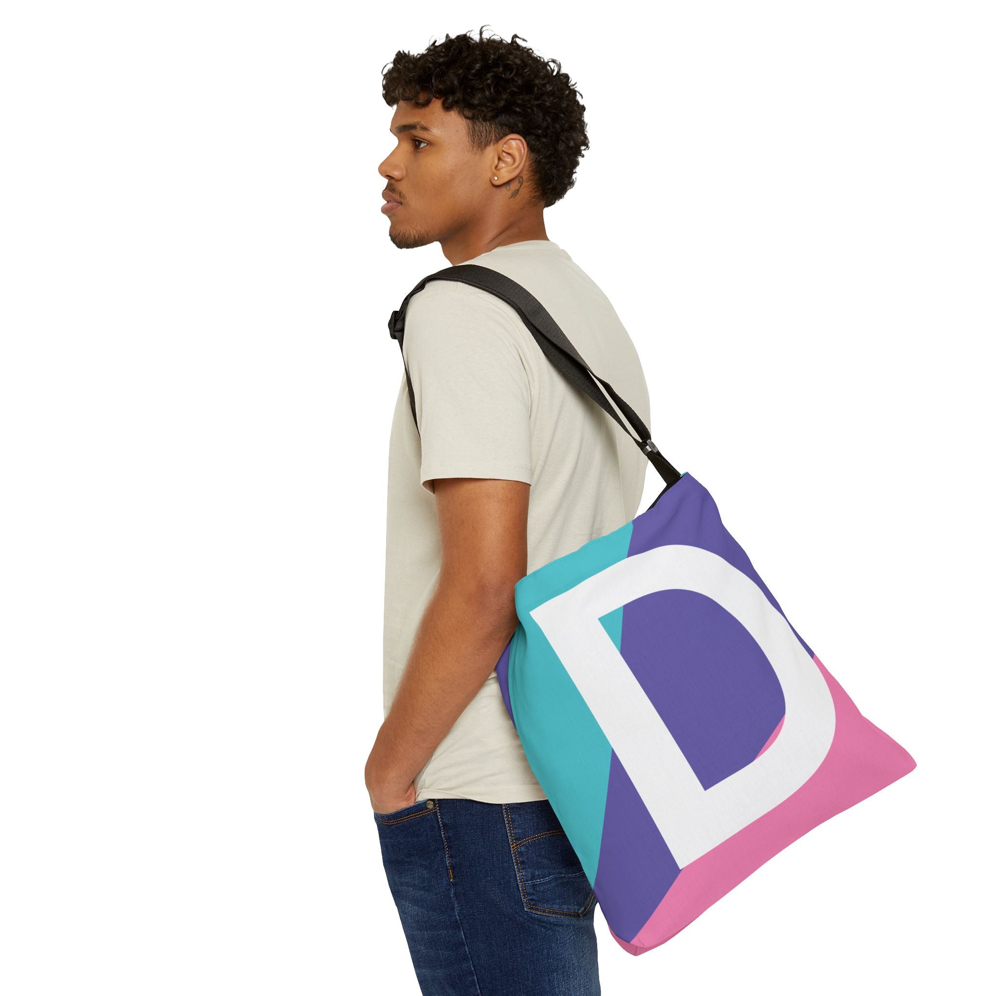 Initial Letter 'D' Colorblock Adjustable Tote Bag — Monogram Alphabet Shoulder Bag