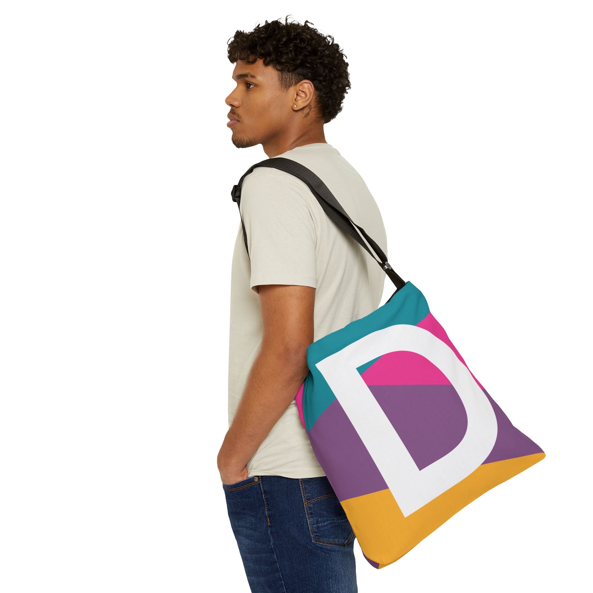 Initial Letter 'D' Colorblock Adjustable Tote Bag — Monogram Alphabet Shoulder Bag