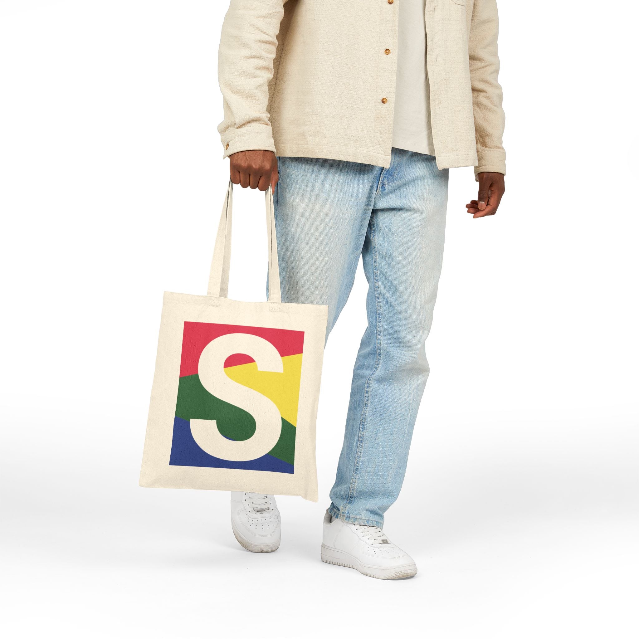 Initial S Colorblock Canvas Tote Bag — Monogram Letter S Reusable Grocery Tote