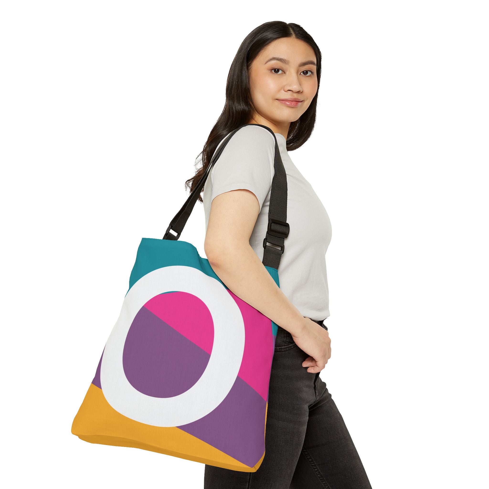 Initial Letter 'O' Colorblock Adjustable Tote Bag — Monogram Alphabet Shoulder Bag
