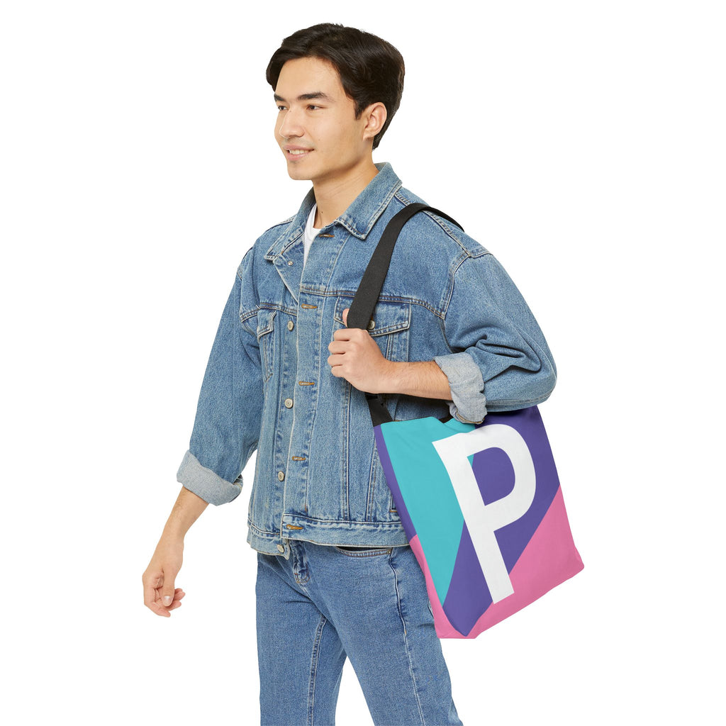 Initial Letter 'P' Colorblock Adjustable Tote Bag — Monogram Alphabet Shoulder Bag