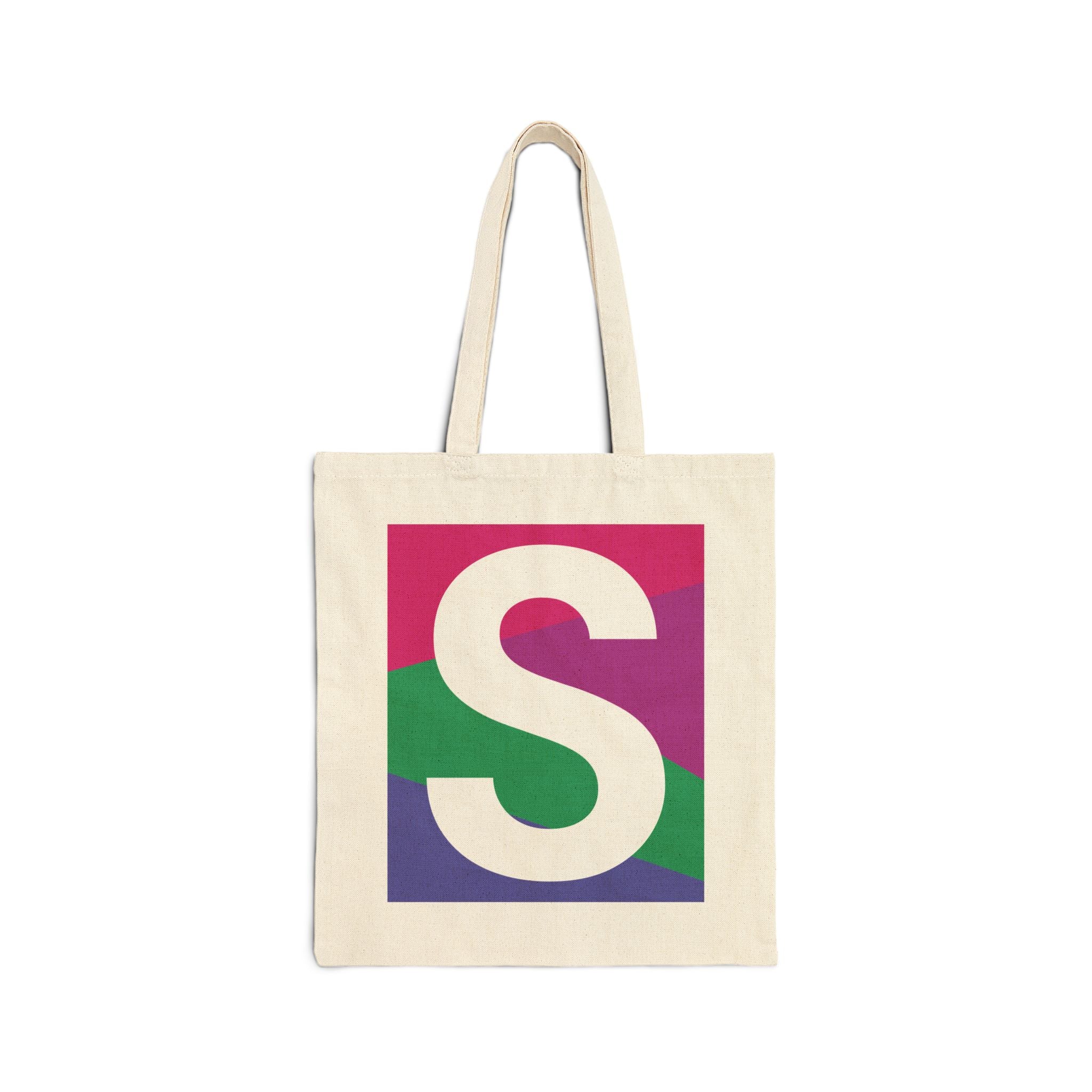 Initial S Colorblock Canvas Tote Bag — Monogram Letter S Reusable Grocery Tote
