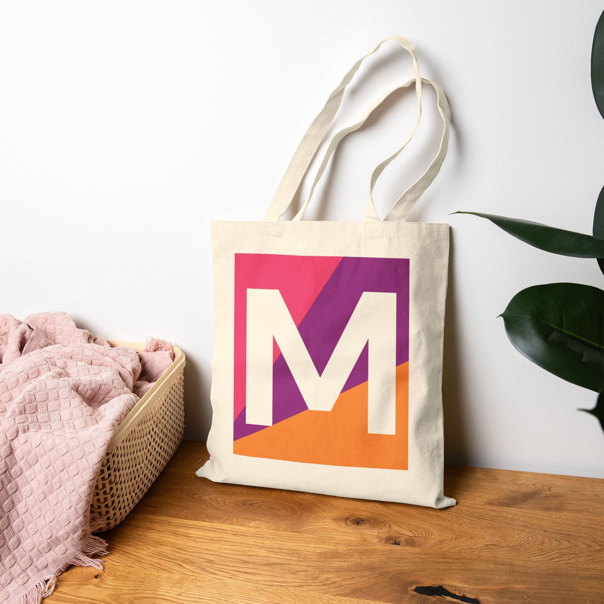 Initial M Colorblock Canvas Tote Bag — Monogram Letter M Reusable Grocery Tote