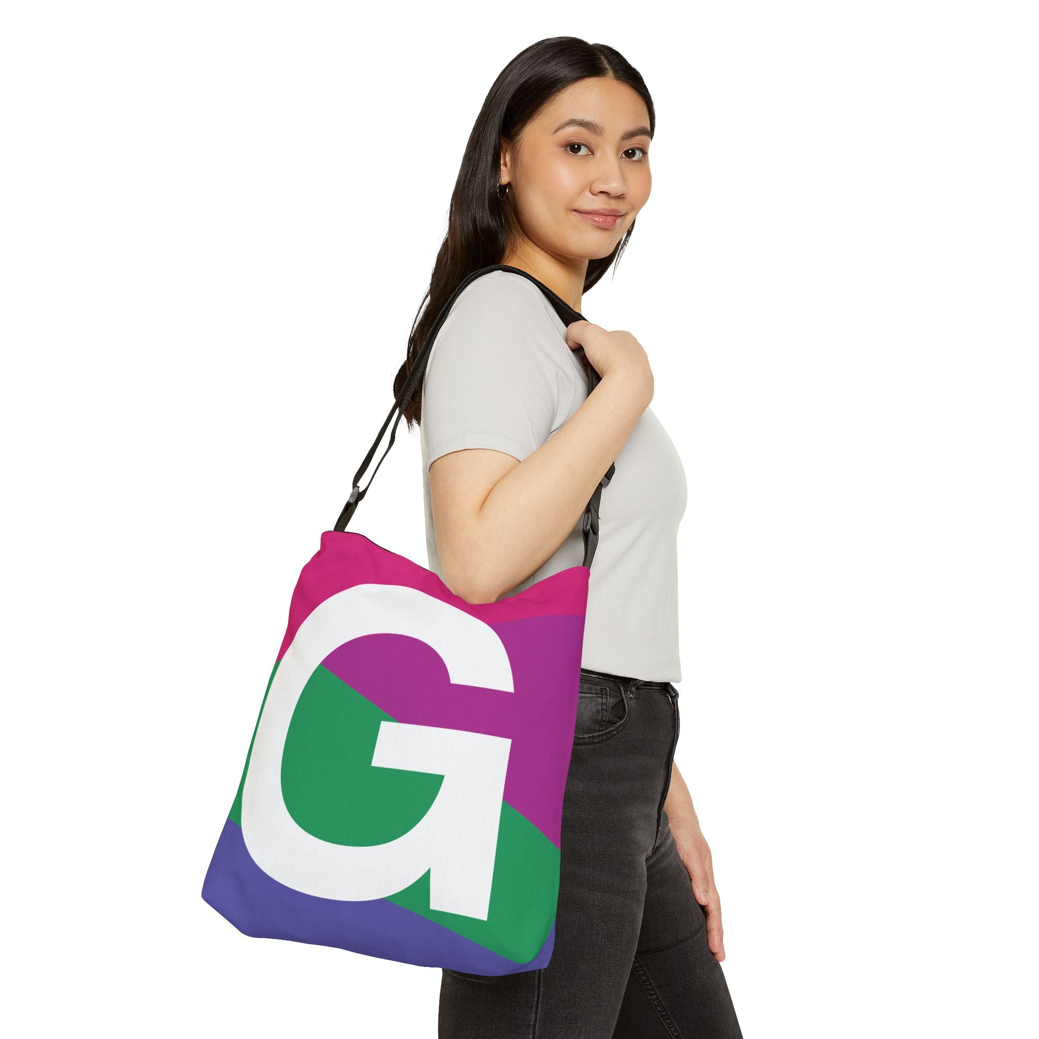 Initial Letter 'G' Colorblock Adjustable Tote Bag — Monogram Alphabet Shoulder Bag