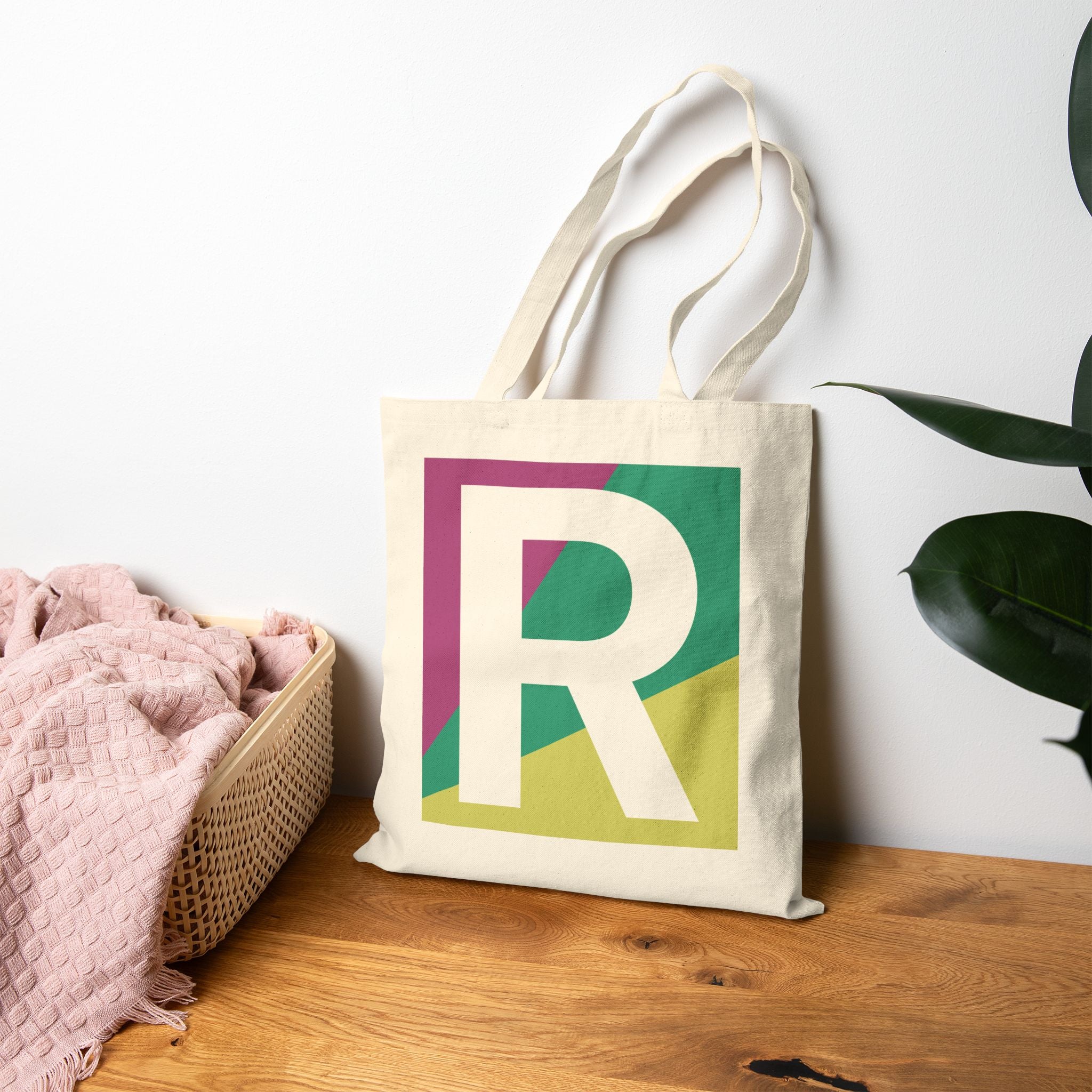 Initial R Colorblock Canvas Tote Bag — Monogram Letter R Reusable Grocery Tote
