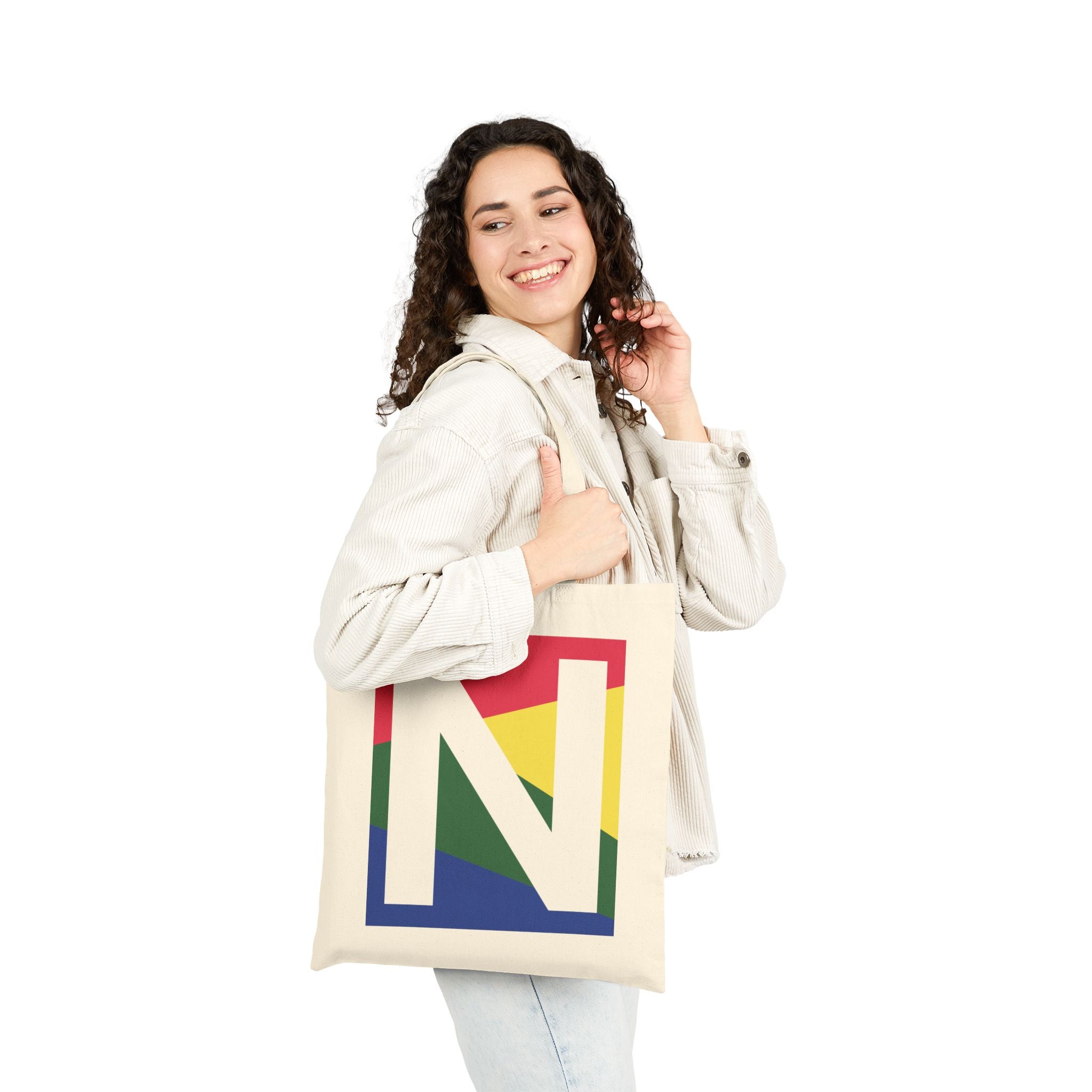 Initial N Colorblock Canvas Tote Bag — Monogram Letter N Reusable Grocery Tote