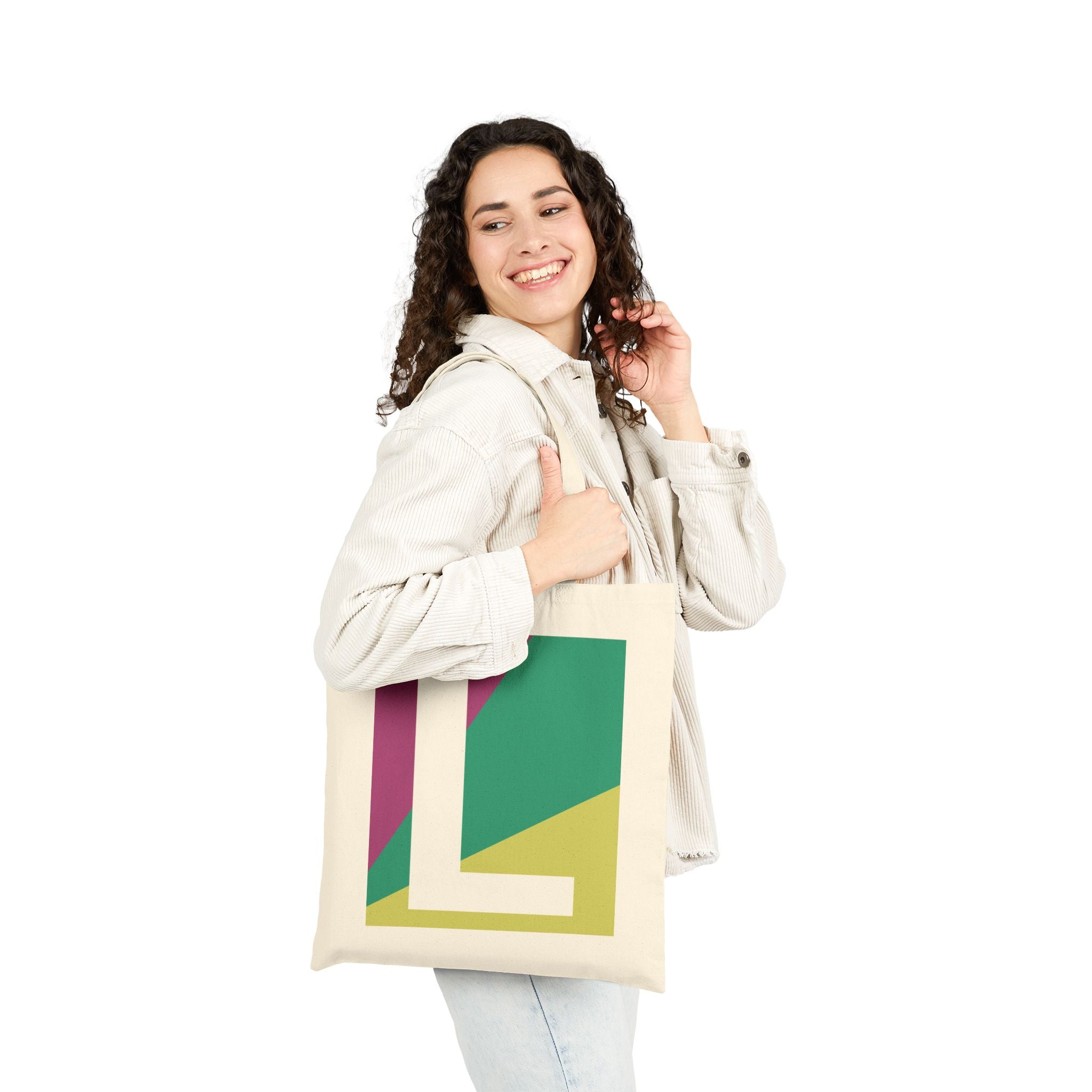 Initial L Colorblock Canvas Tote Bag — Monogram Letter L Reusable Grocery Tote