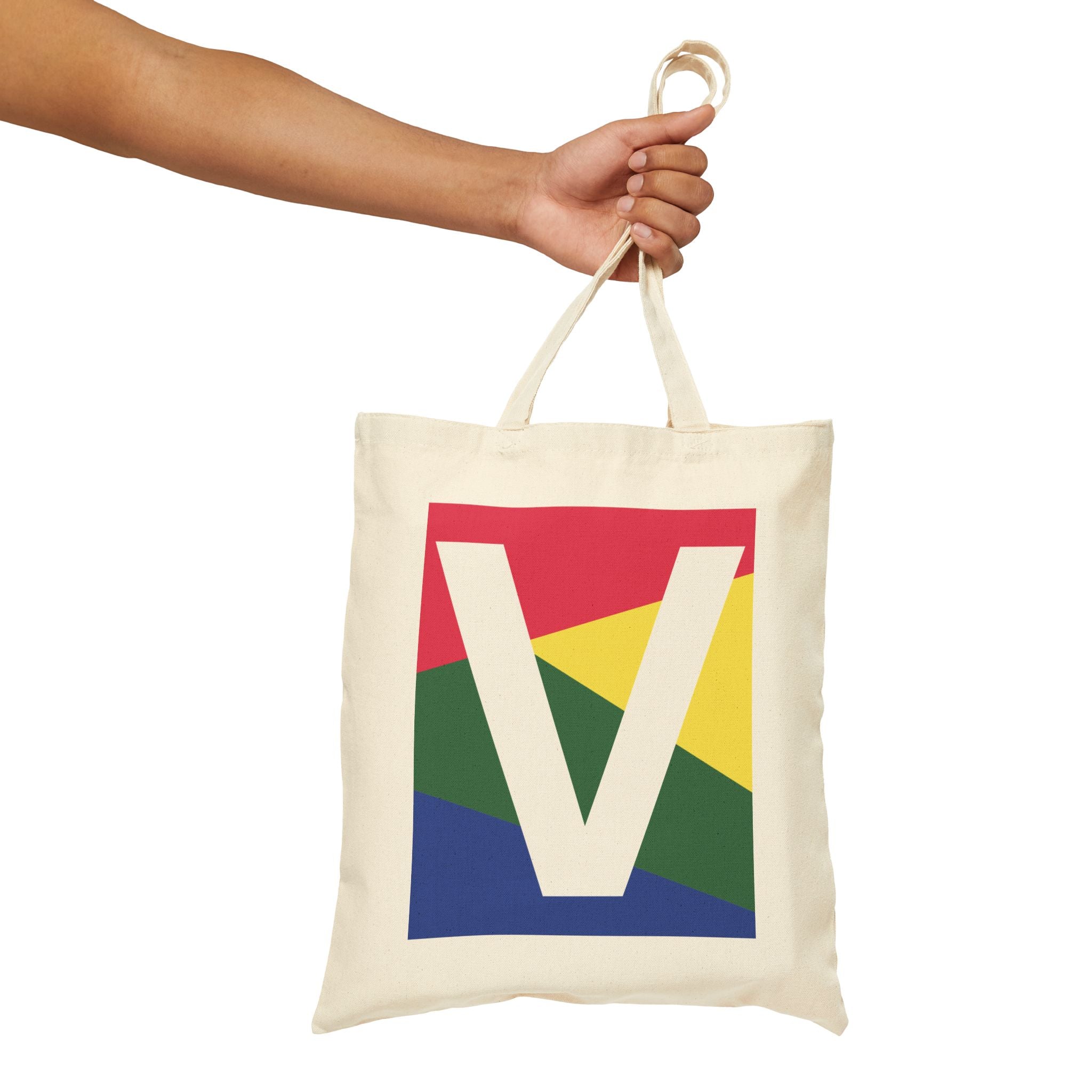 Initial V Colorblock Canvas Tote Bag — Monogram Letter V Reusable Grocery Tote