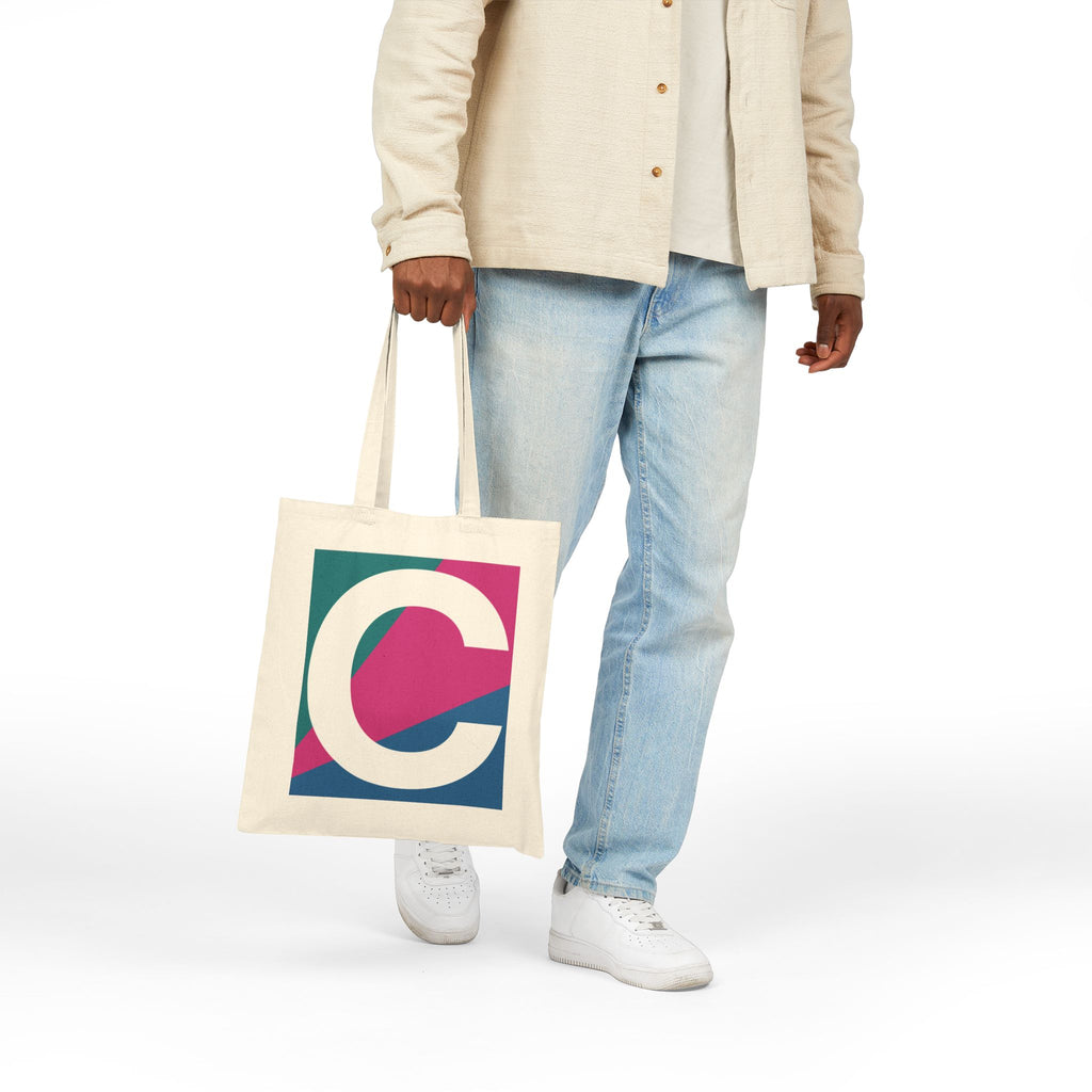 Initial C Colorblock Canvas Tote Bag — Monogram Letter C Reusable Grocery Tote