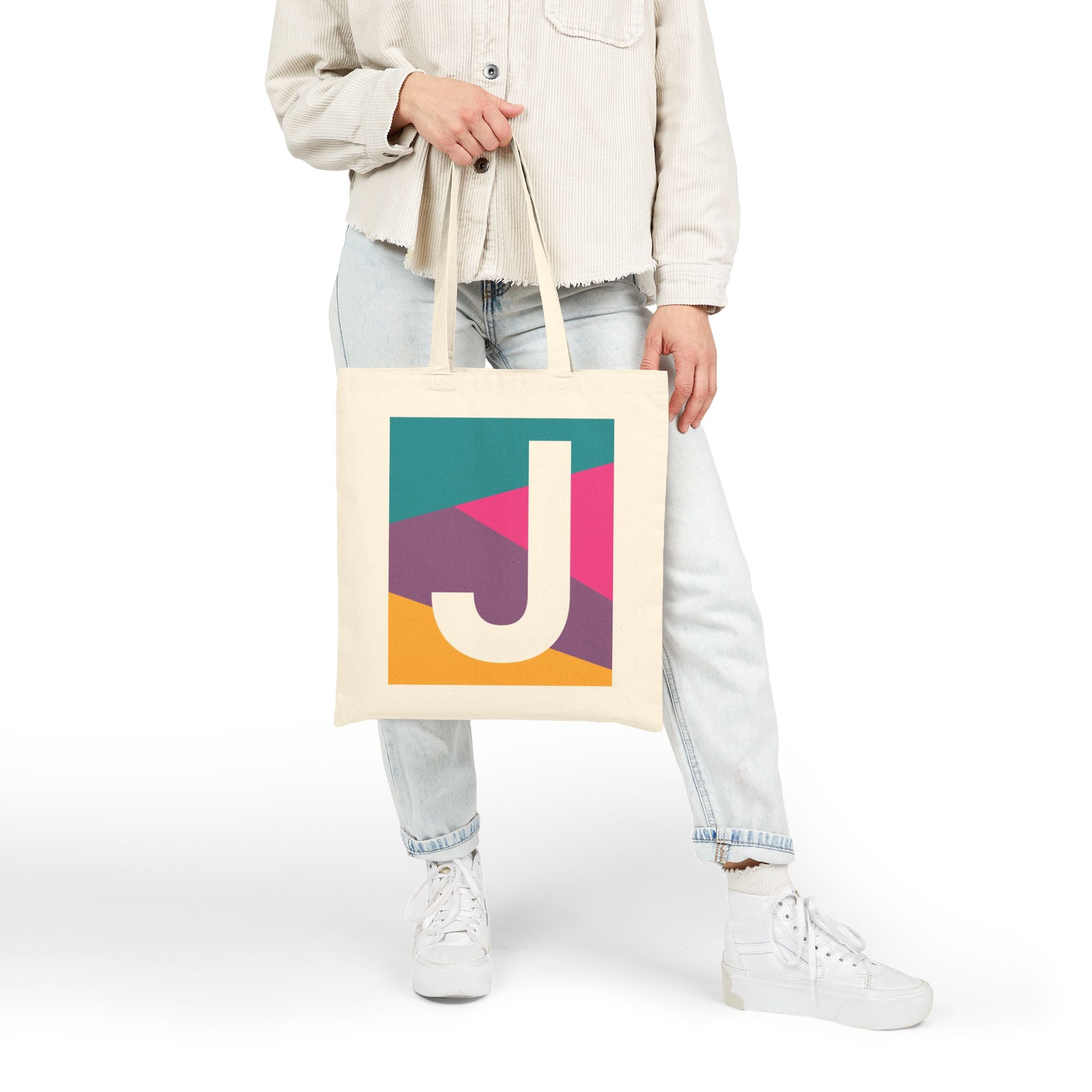 Initial J Colorblock Canvas Tote Bag — Monogram Letter J Reusable Grocery Tote