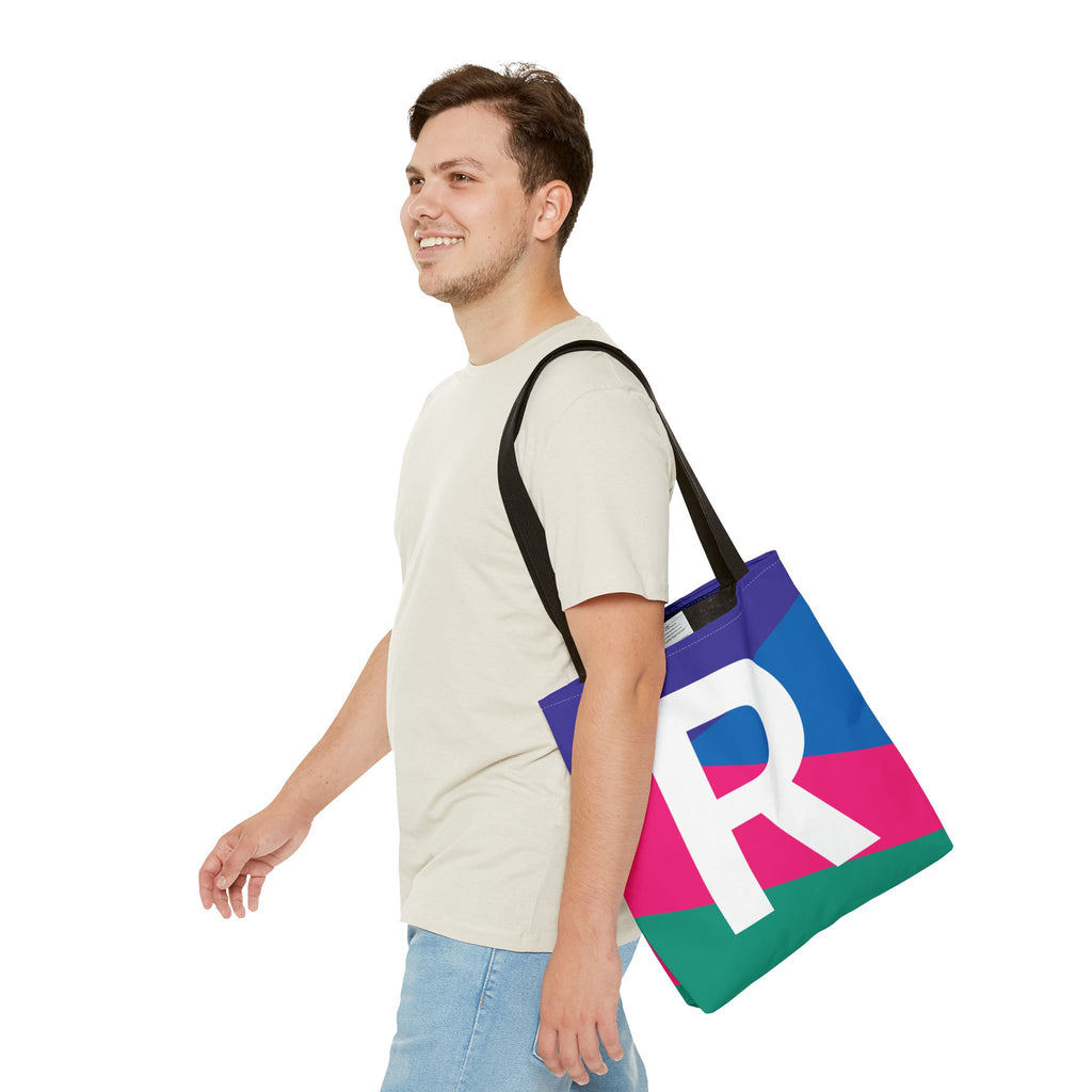 Monogram 'R' Colorblock Tote Bag — Personalized Initial R Shoulder Tote
