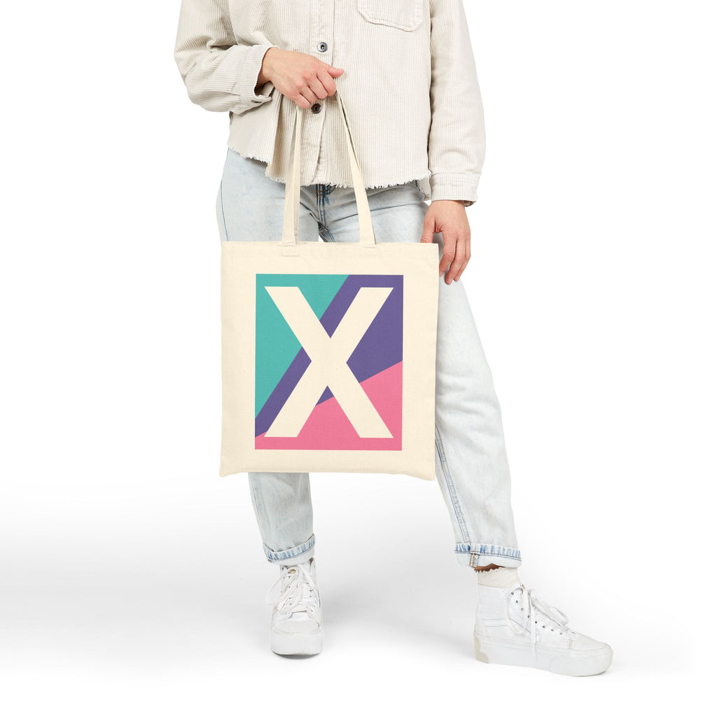 Initial X Colorblock Canvas Tote Bag — Monogram Letter X Reusable Grocery Tote