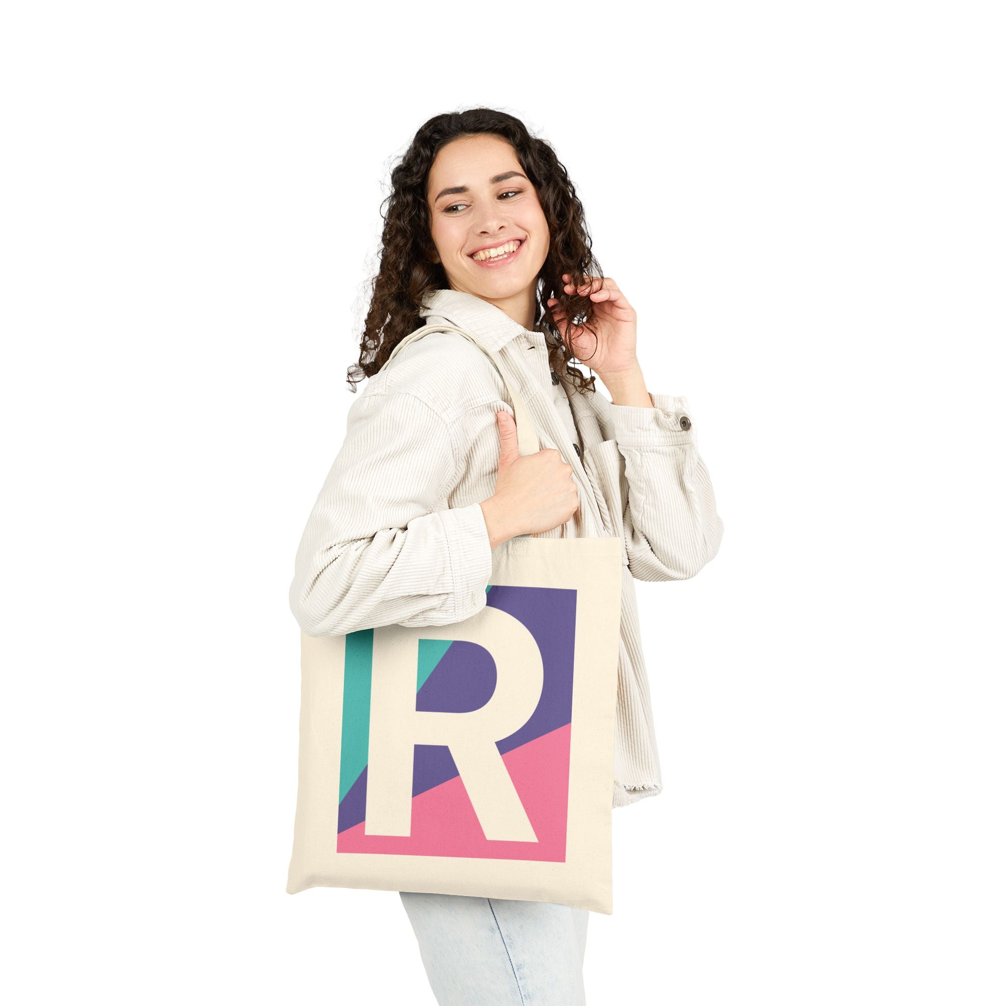 Initial R Colorblock Canvas Tote Bag — Monogram Letter R Reusable Grocery Tote