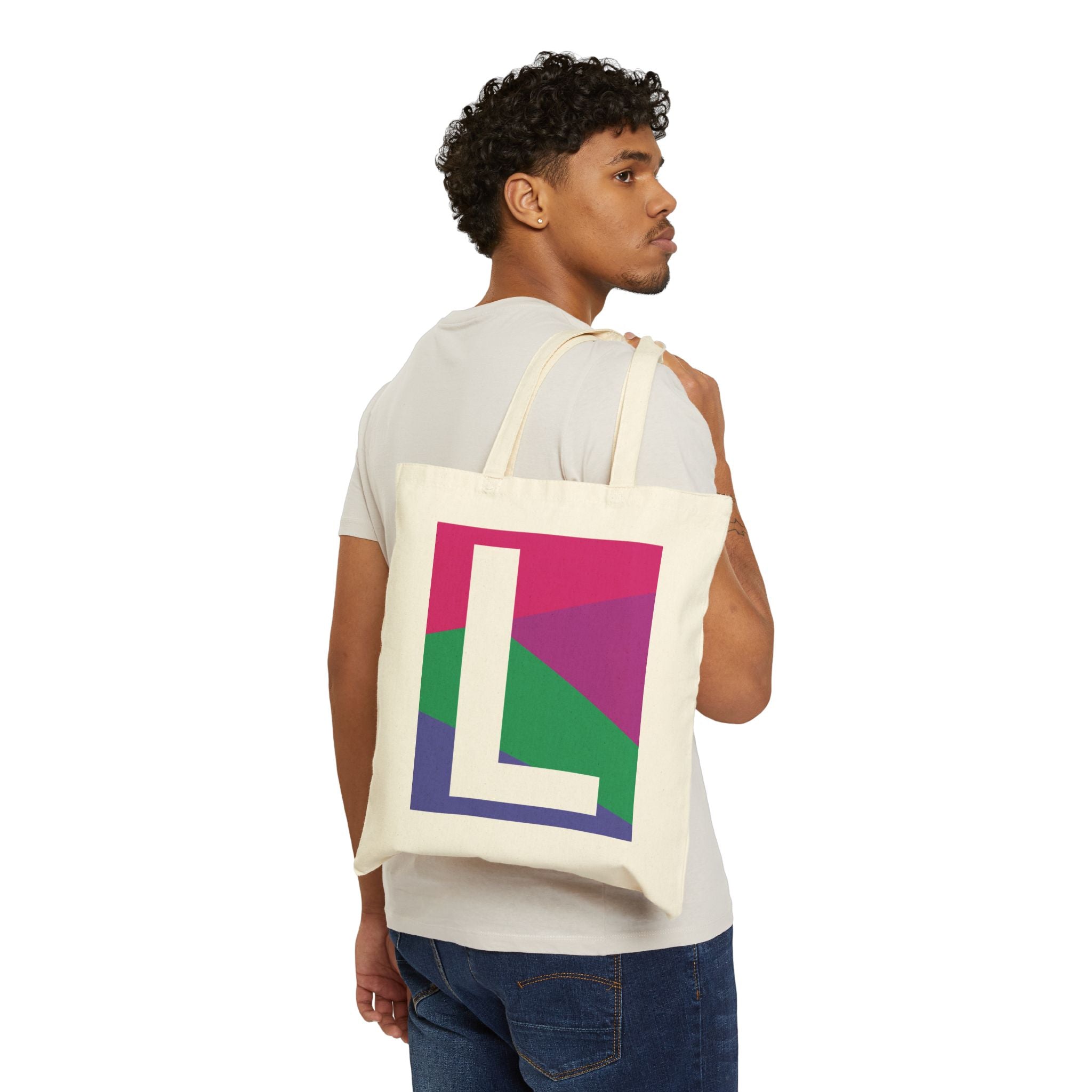 Initial L Colorblock Canvas Tote Bag — Monogram Letter L Reusable Grocery Tote