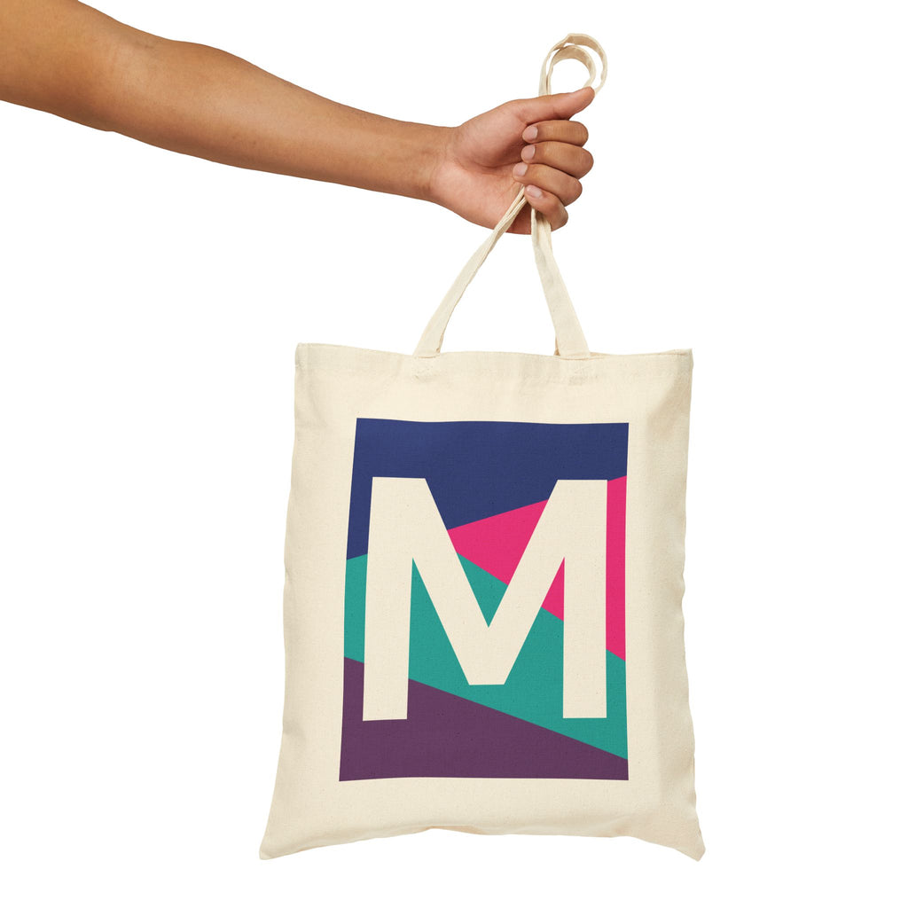 Initial M Colorblock Canvas Tote Bag — Monogram Letter M Reusable Grocery Tote