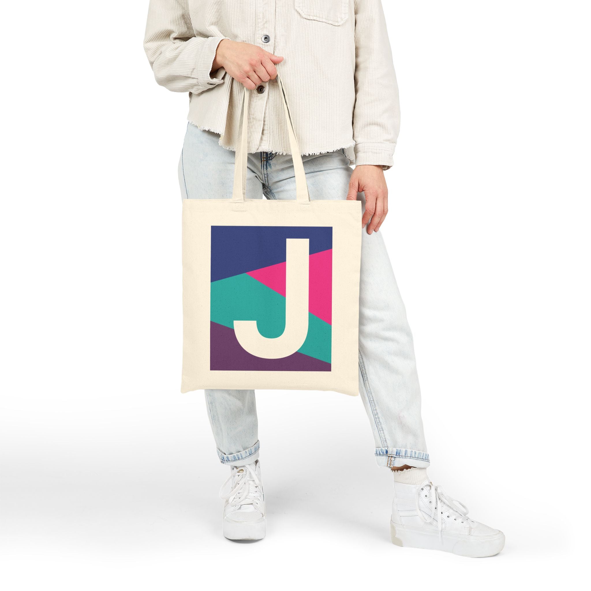 Initial J Colorblock Canvas Tote Bag — Monogram Letter J Reusable Grocery Tote