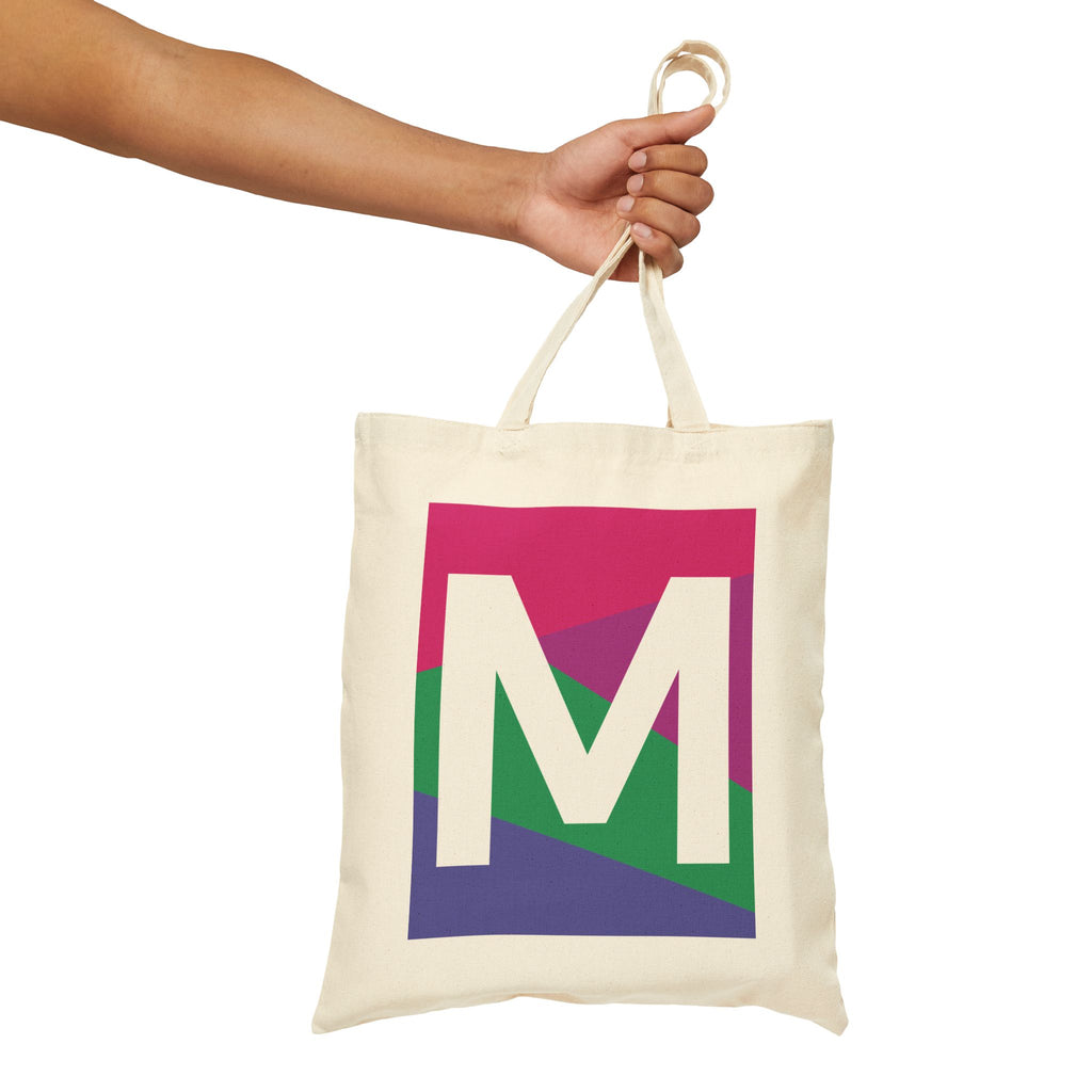 Initial M Colorblock Canvas Tote Bag — Monogram Letter M Reusable Grocery Tote